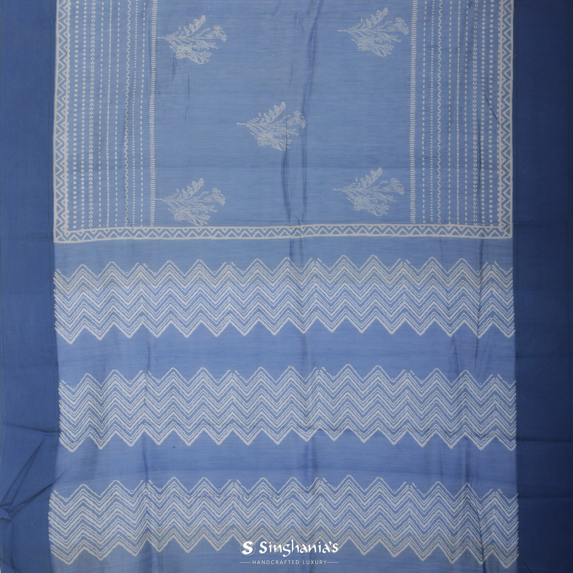 Sapphire Blue Printed Chanderi Silk Saree With Floral Motif Design