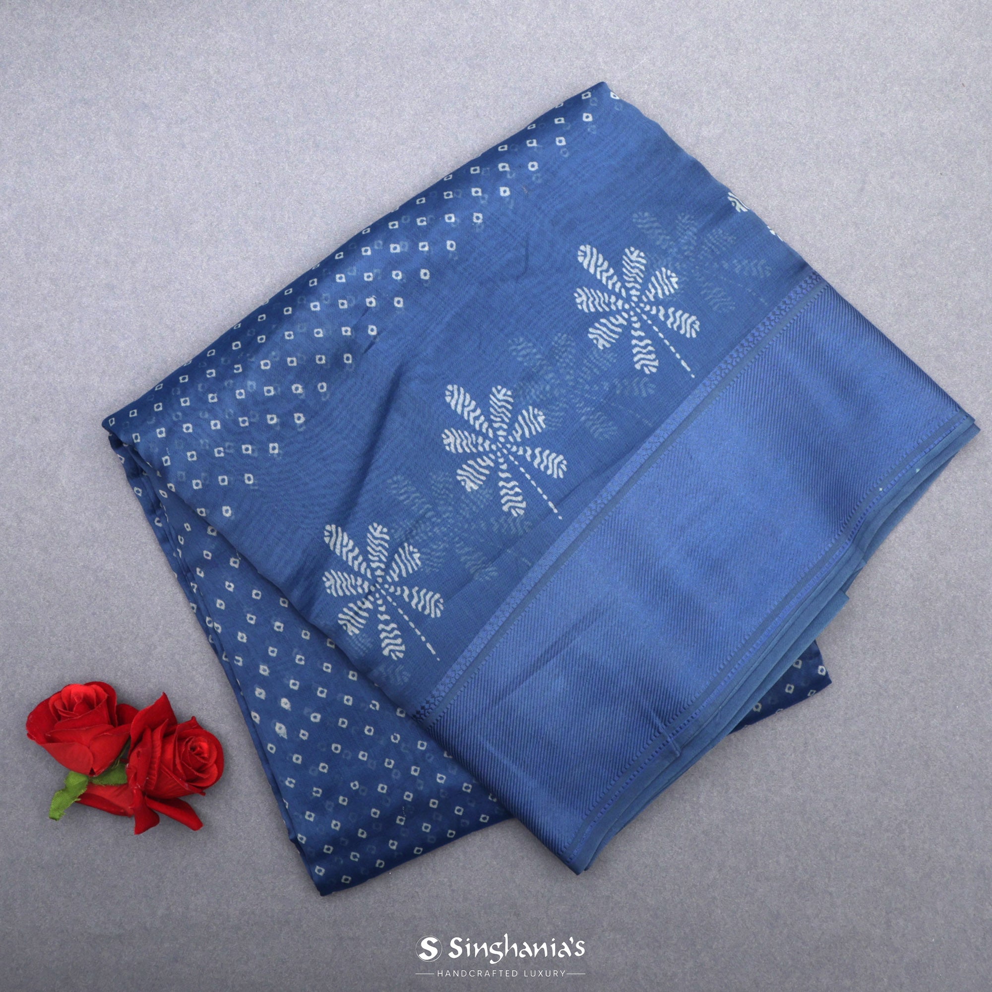 Glaucous Blue Printed Chanderi Silk Saree With Bandhani Butti Design