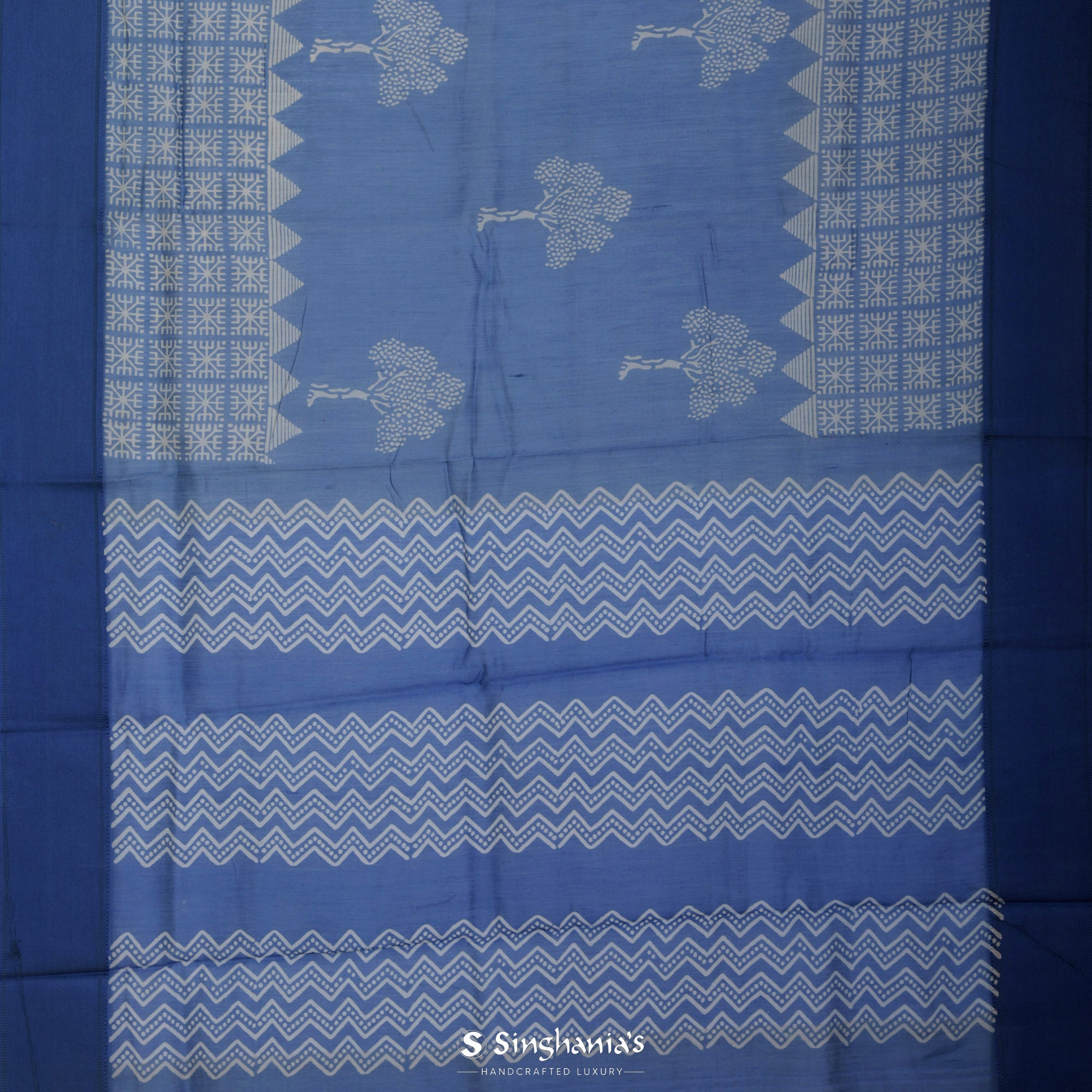 Sapphire Blue Printed Chanderi Silk Saree With Floral Motif Design