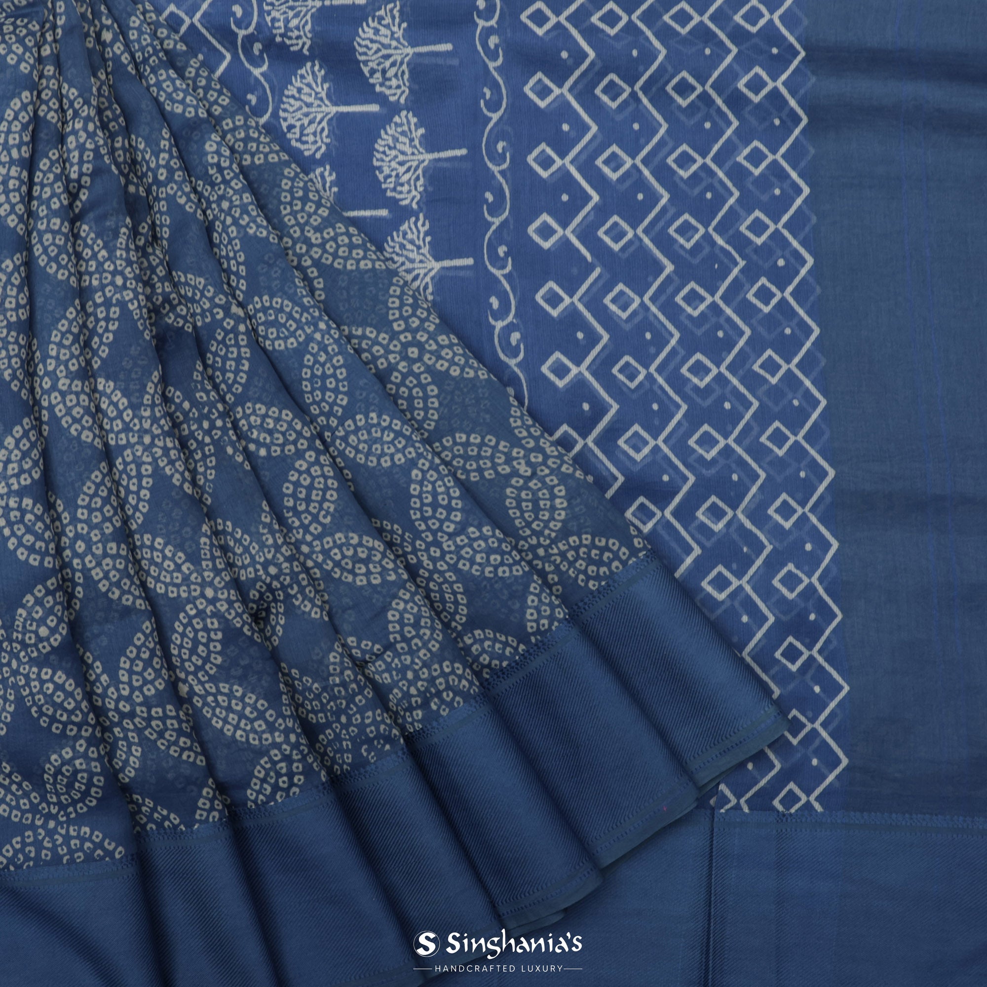 Medium Sapphire Blue Printed Chanderi Silk Saree With Floral Jaal Design