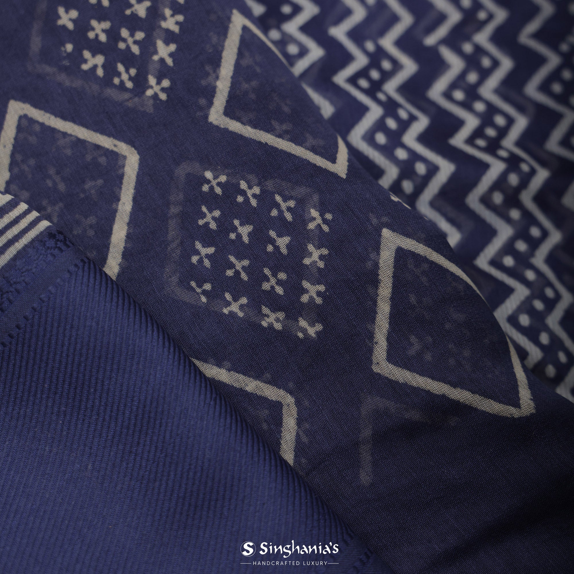 Admiral Blue Printed Chanderi Silk Saree With Geometrical Jaal Pattern