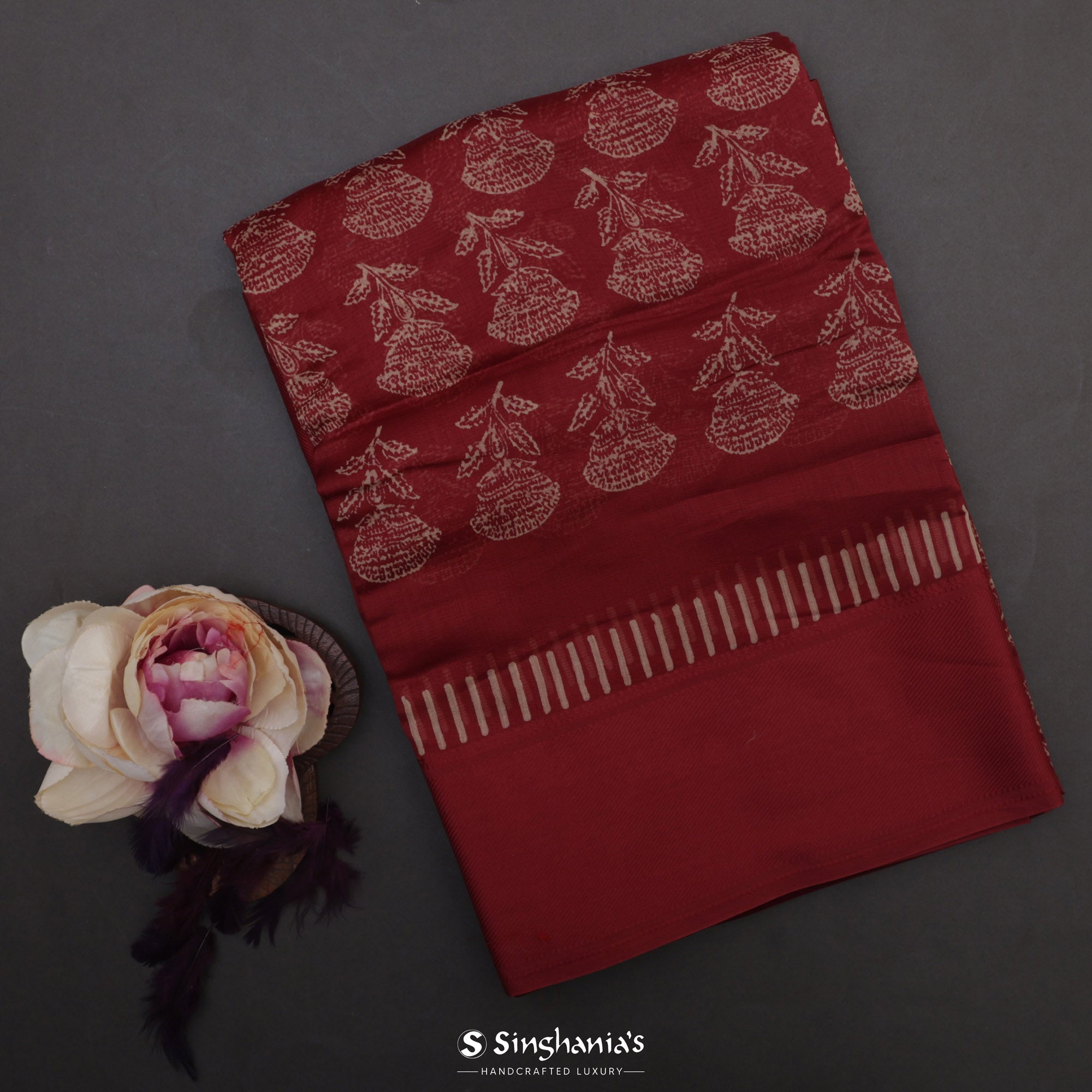 Oklahoma Crimson Printed Chanderi Silk Saree With Floral Motif Design