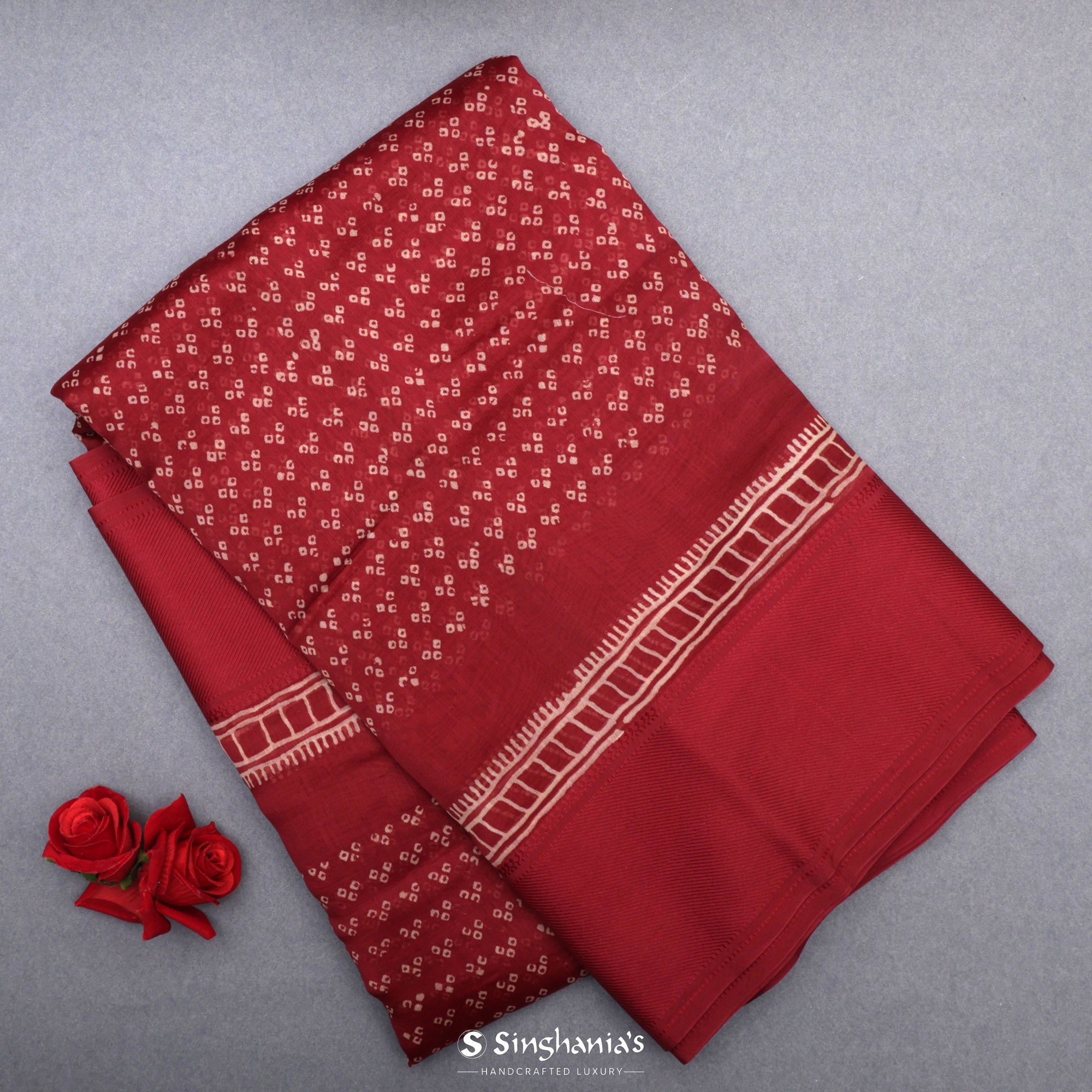 Prismatic Red Printed Chanderi Silk Saree With Bandhani Butti Pattern