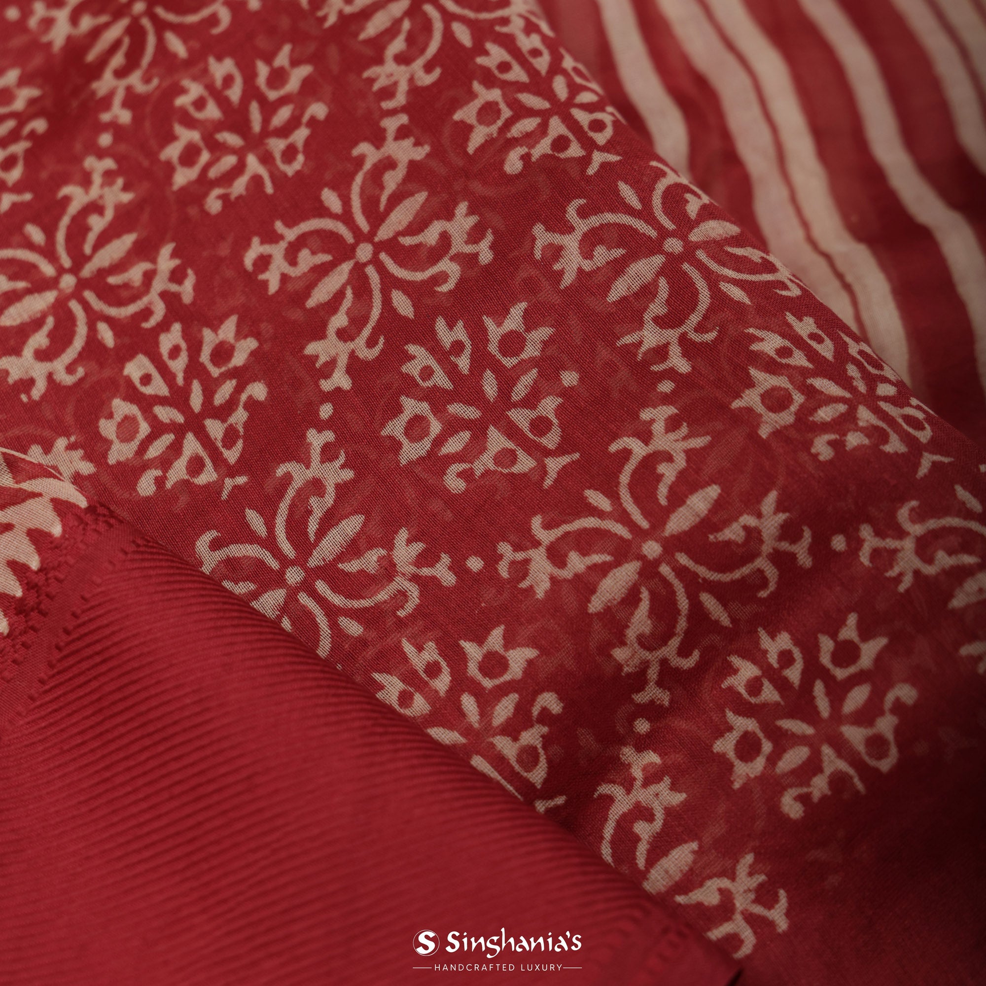 Cardinals Red Printed Chanderi Saree With Floral Jaal Pattern