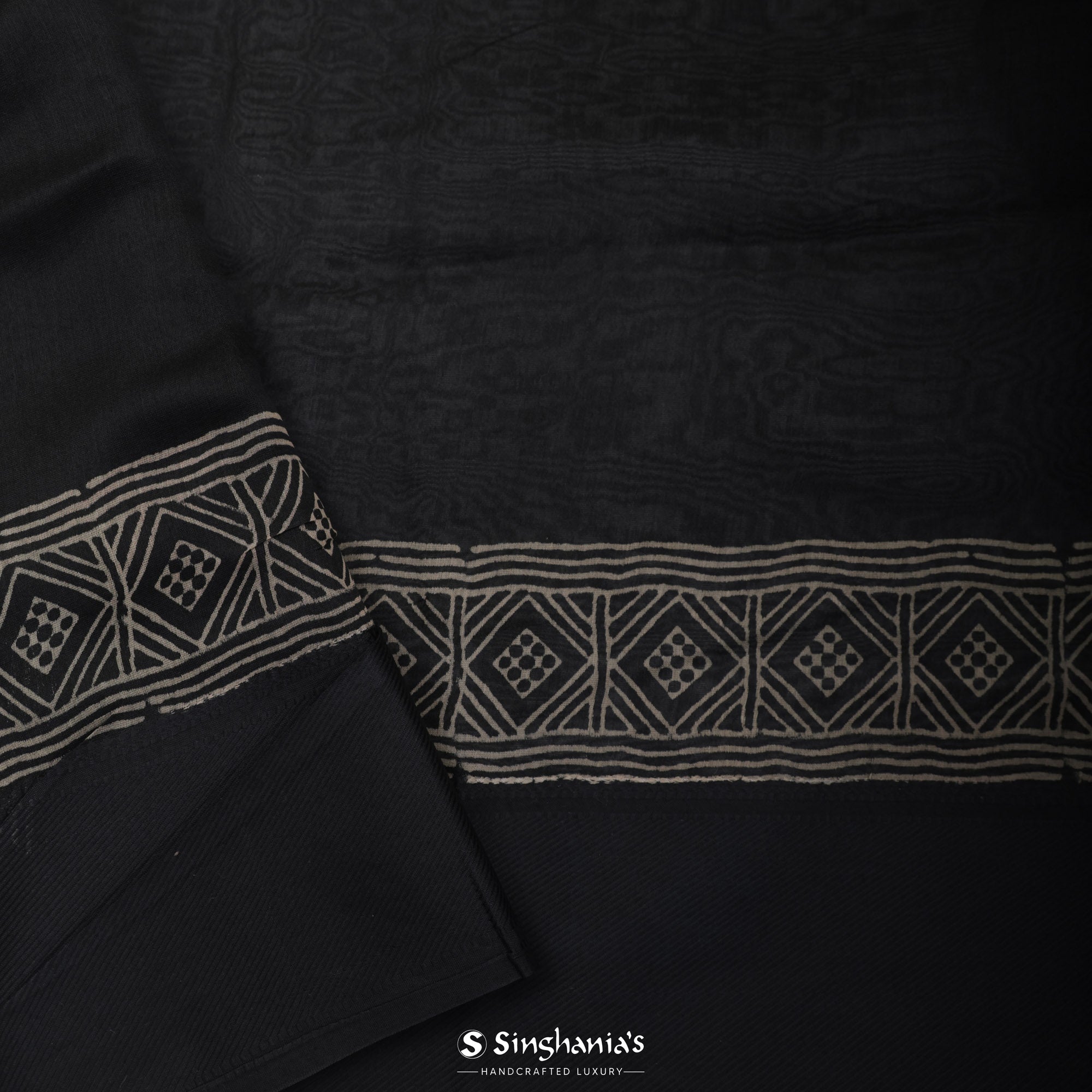 Deep Black Printed Chanderi Silk Saree With Geometrical Jaal Design