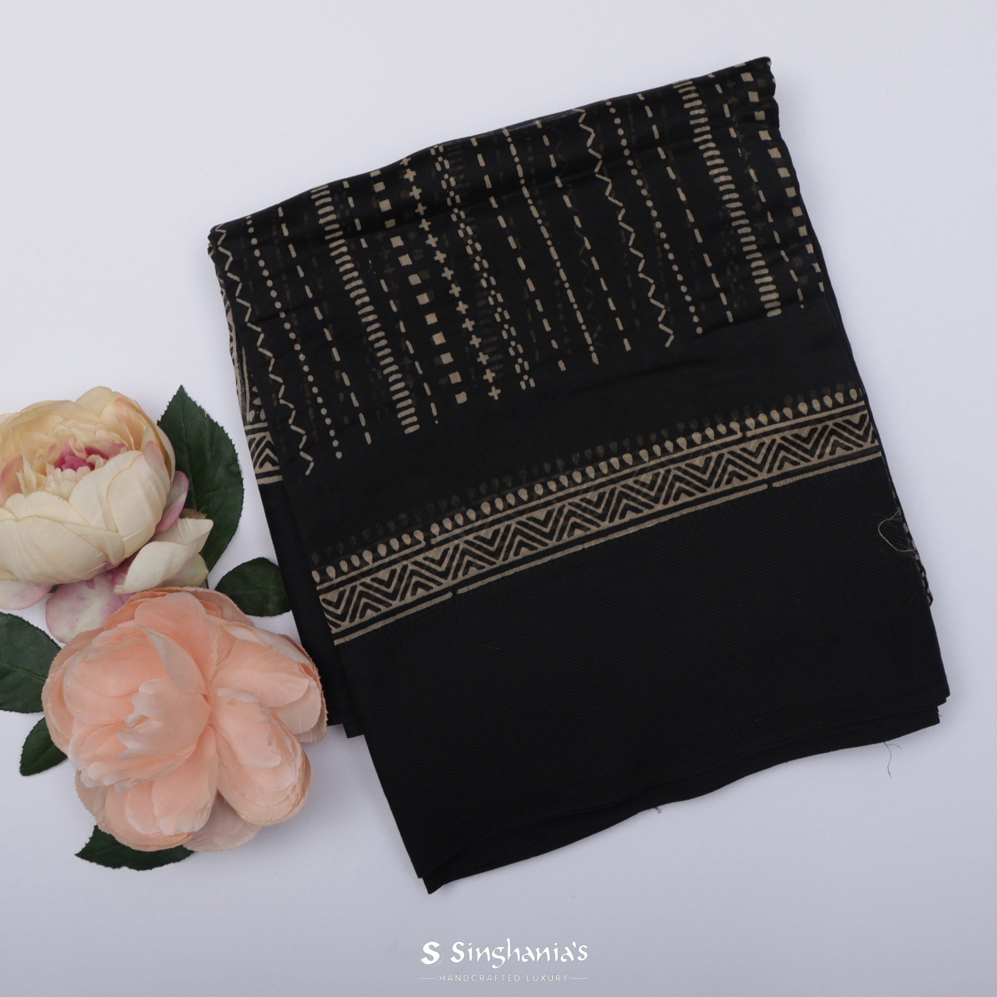 Black Printed Chanderi Silk Saree With Geometrical Design