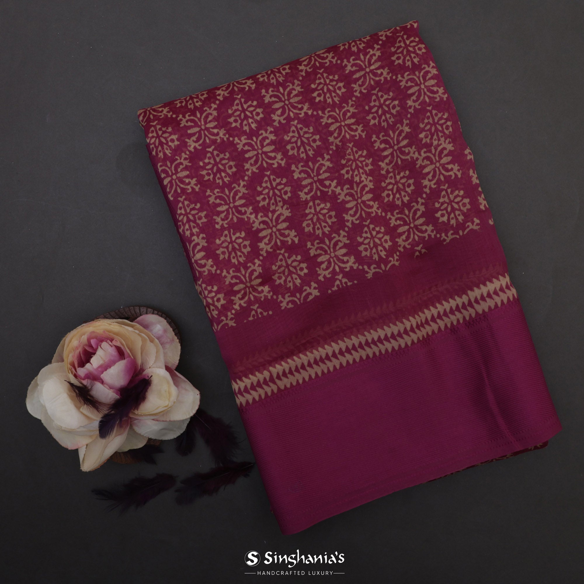 Steel Pink Printed Chanderi Silk Saree With Floral Jaal Design