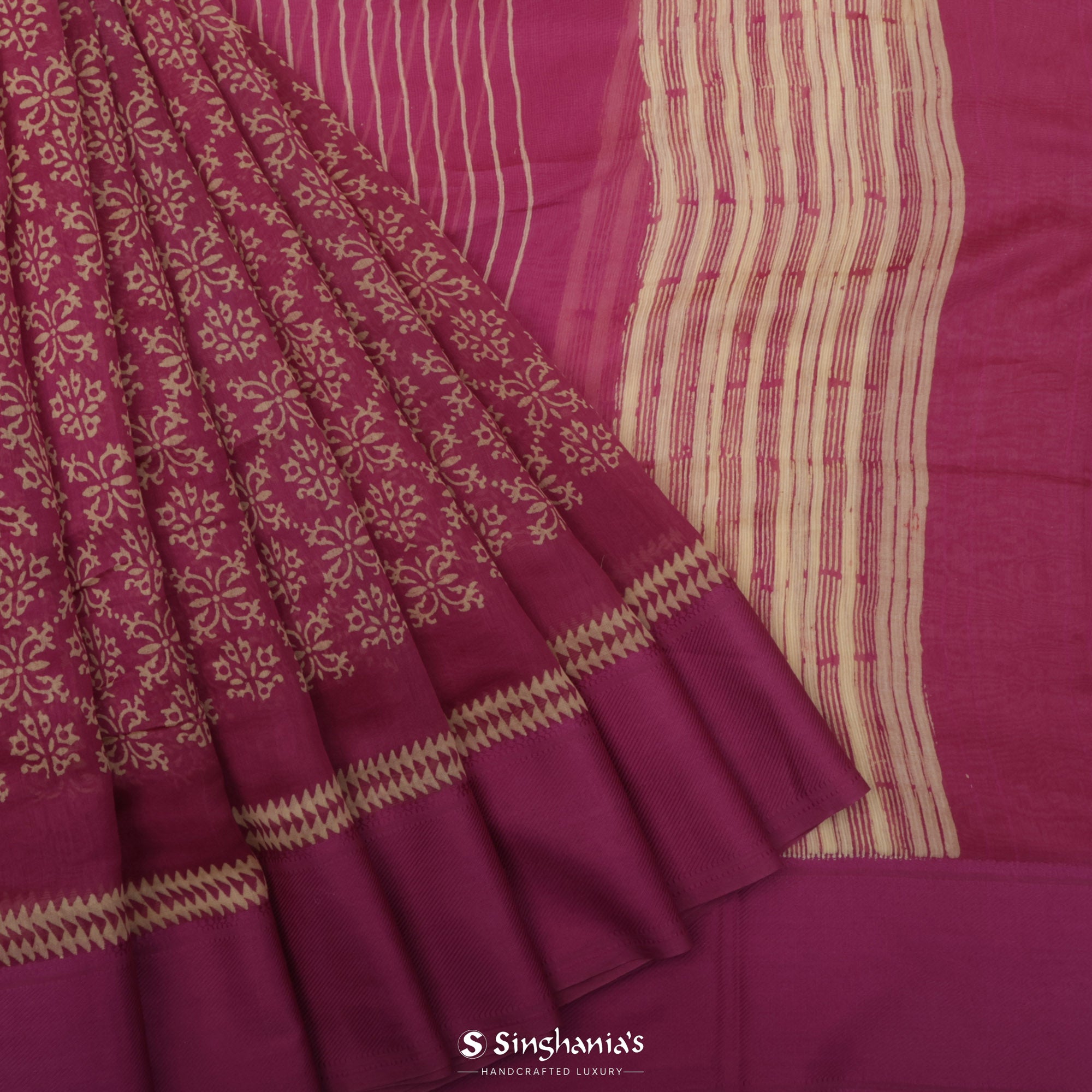 Steel Pink Printed Chanderi Silk Saree With Floral Jaal Design