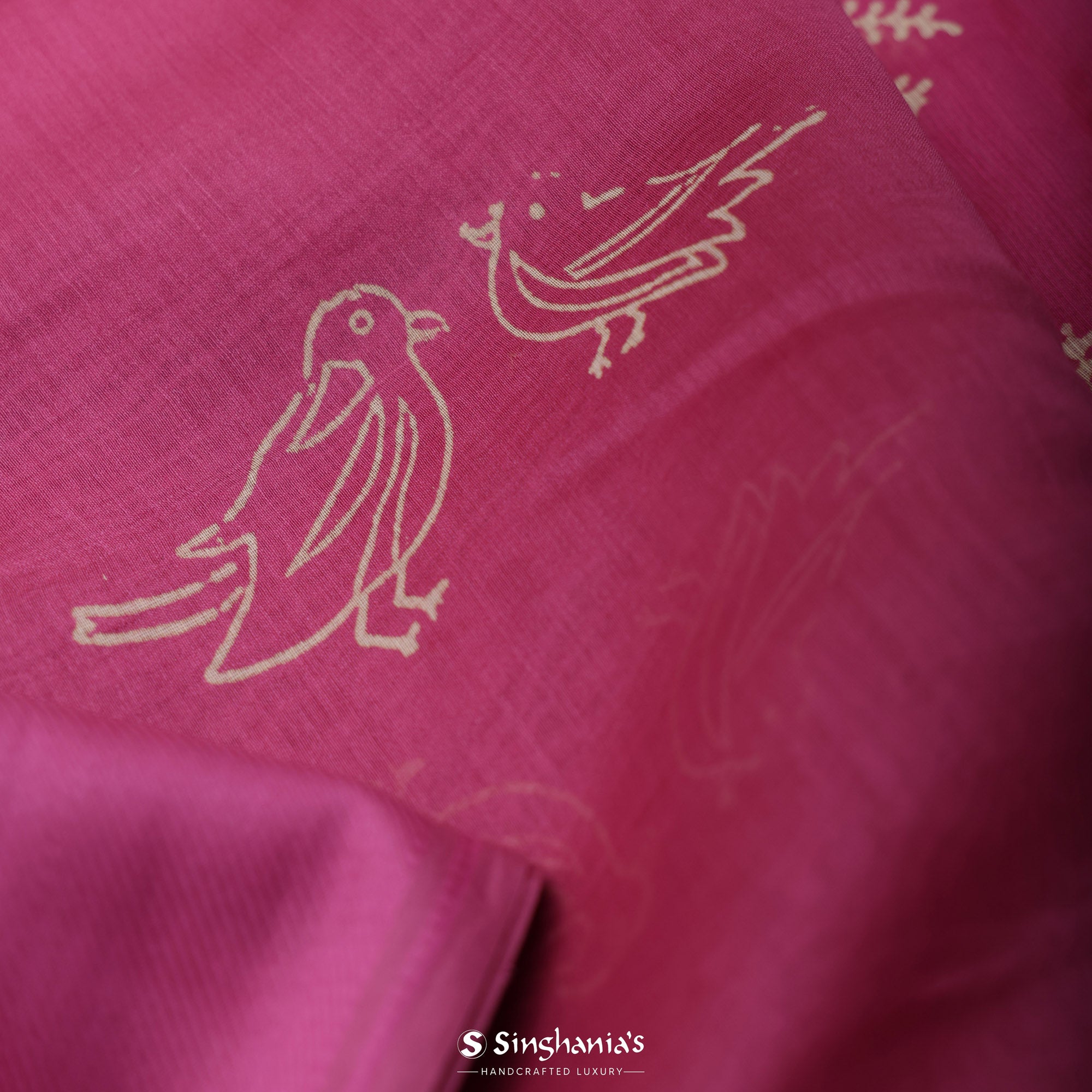 Cherry Pink Printed Chanderi Silk Saree With Tree-Bird Pattern