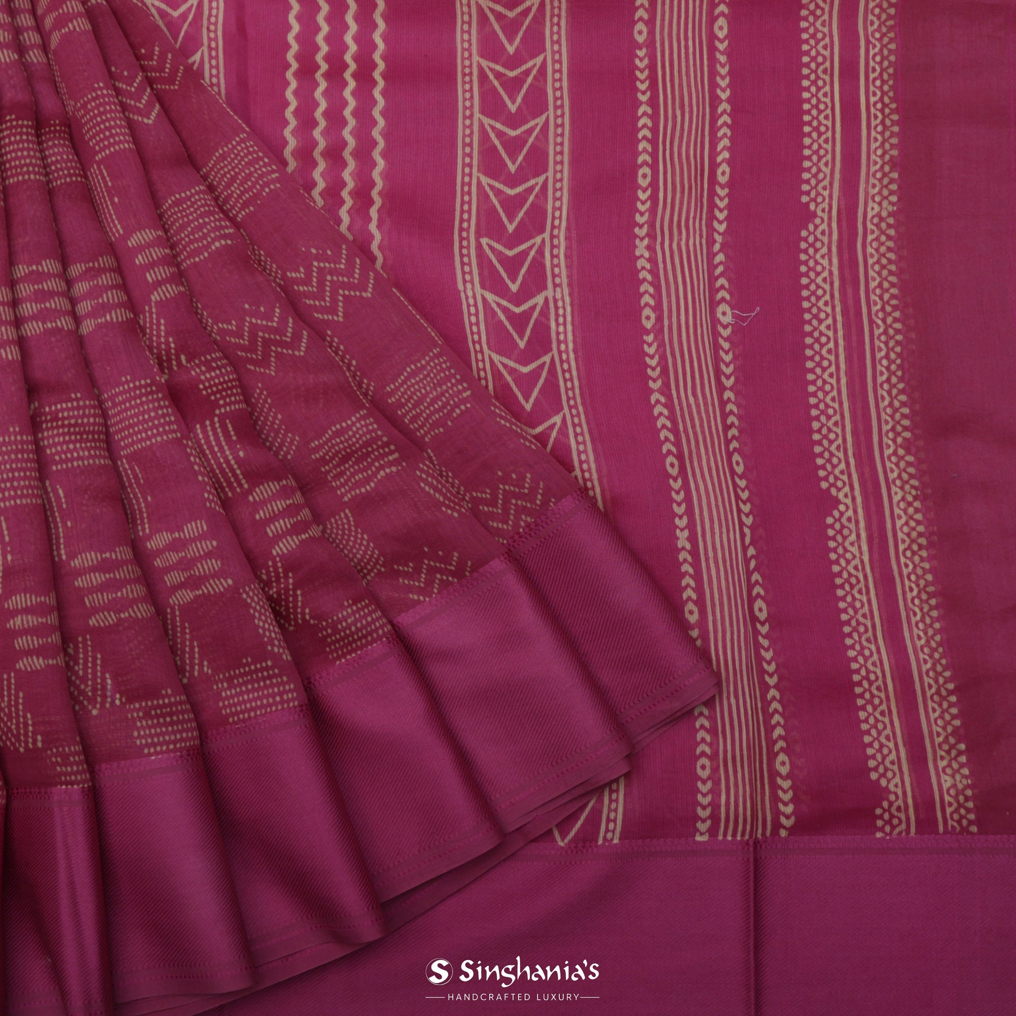 Rouge Pink Printed Chanderi Silk Saree With Geometrical Jaal Pattern