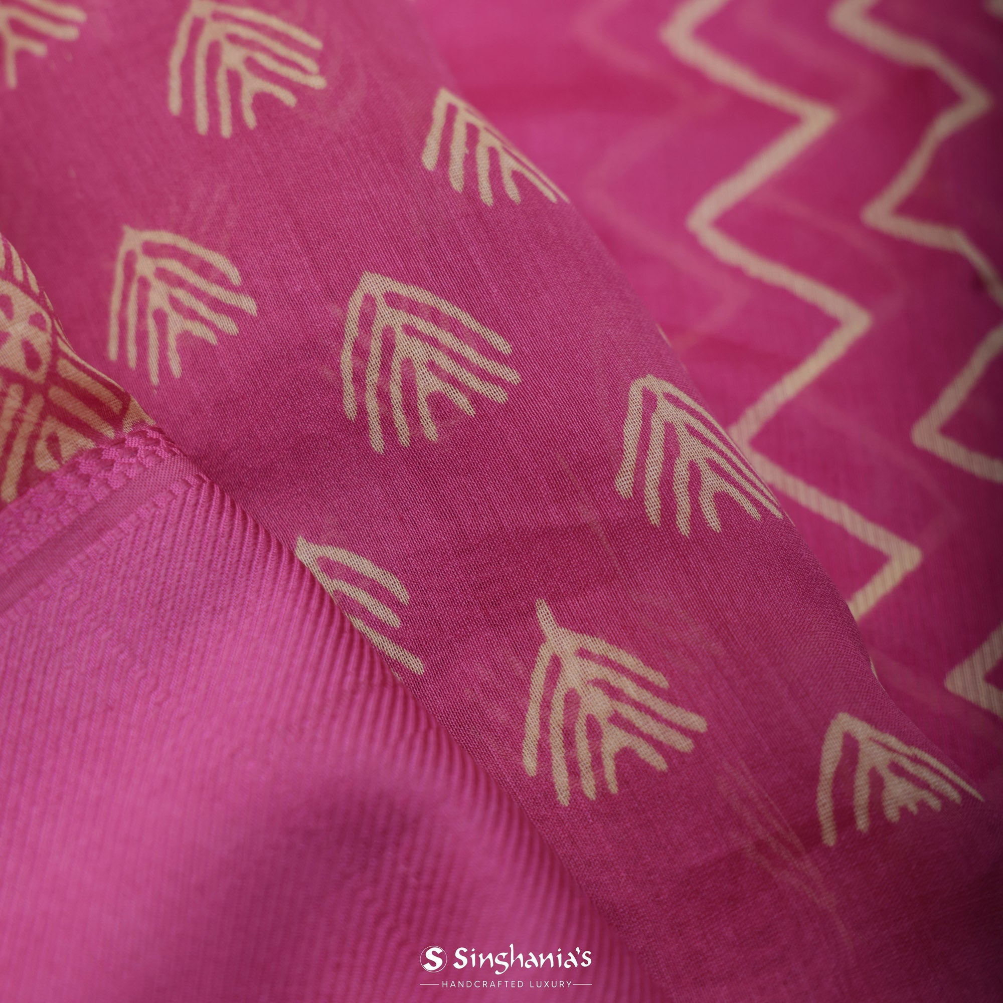 French Pink Printed Chanderi Silk Saree With Floral Motif Design