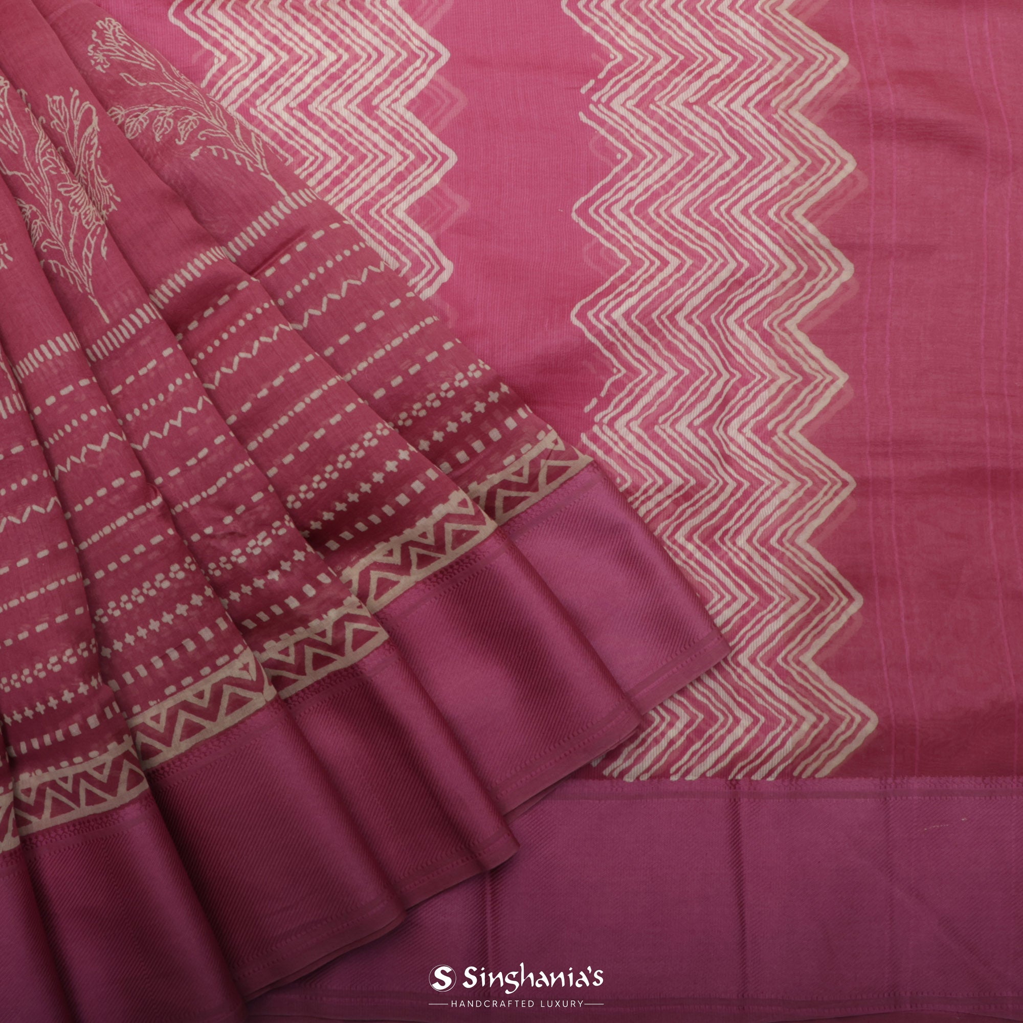 Punch Pink Printed Chanderi Silk Saree With Floral Motif Pattern