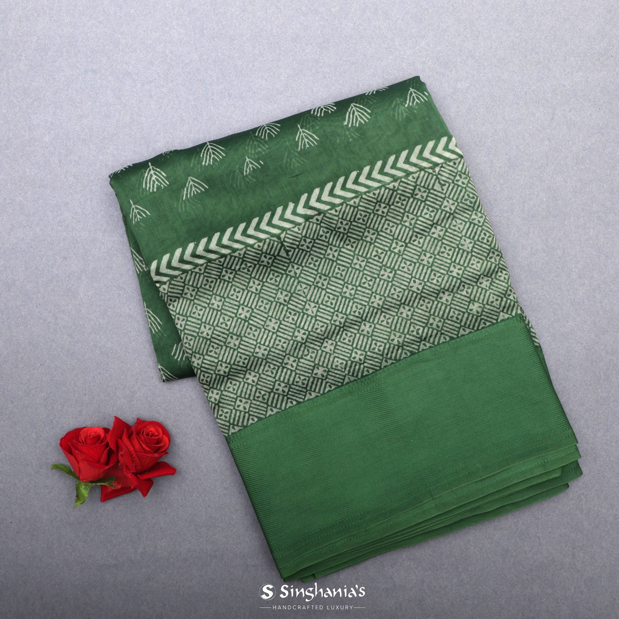 Hunter Green Printed Chanderi Silk Saree With Floral Butti Design