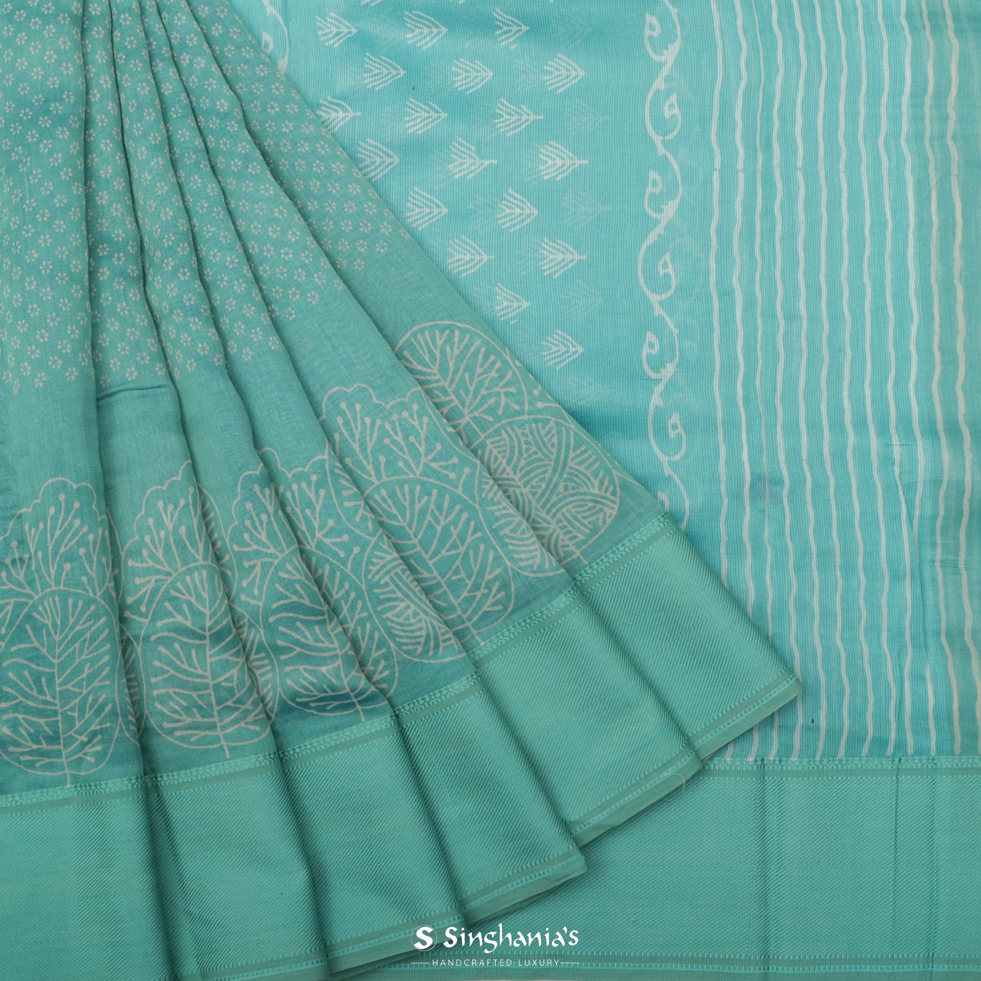 Light Turquoise Blue Printed Chanderi Silk Saree With Floral Booties Pattern