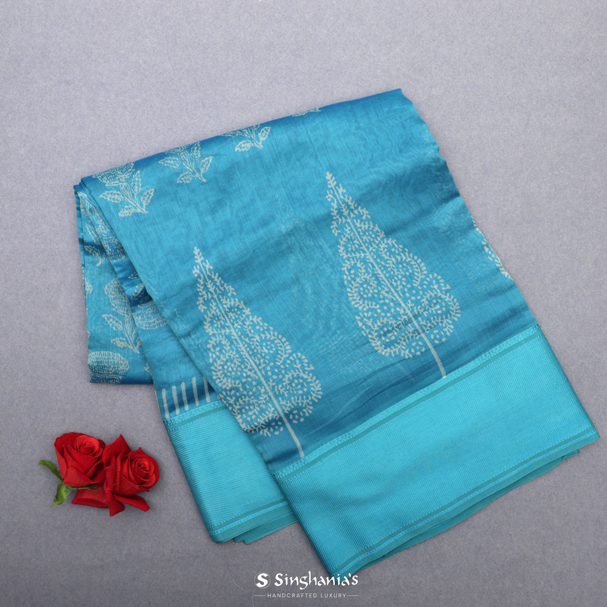 Sky Blue Printed Chanderi Silk Saree With Floral Motif Pattern