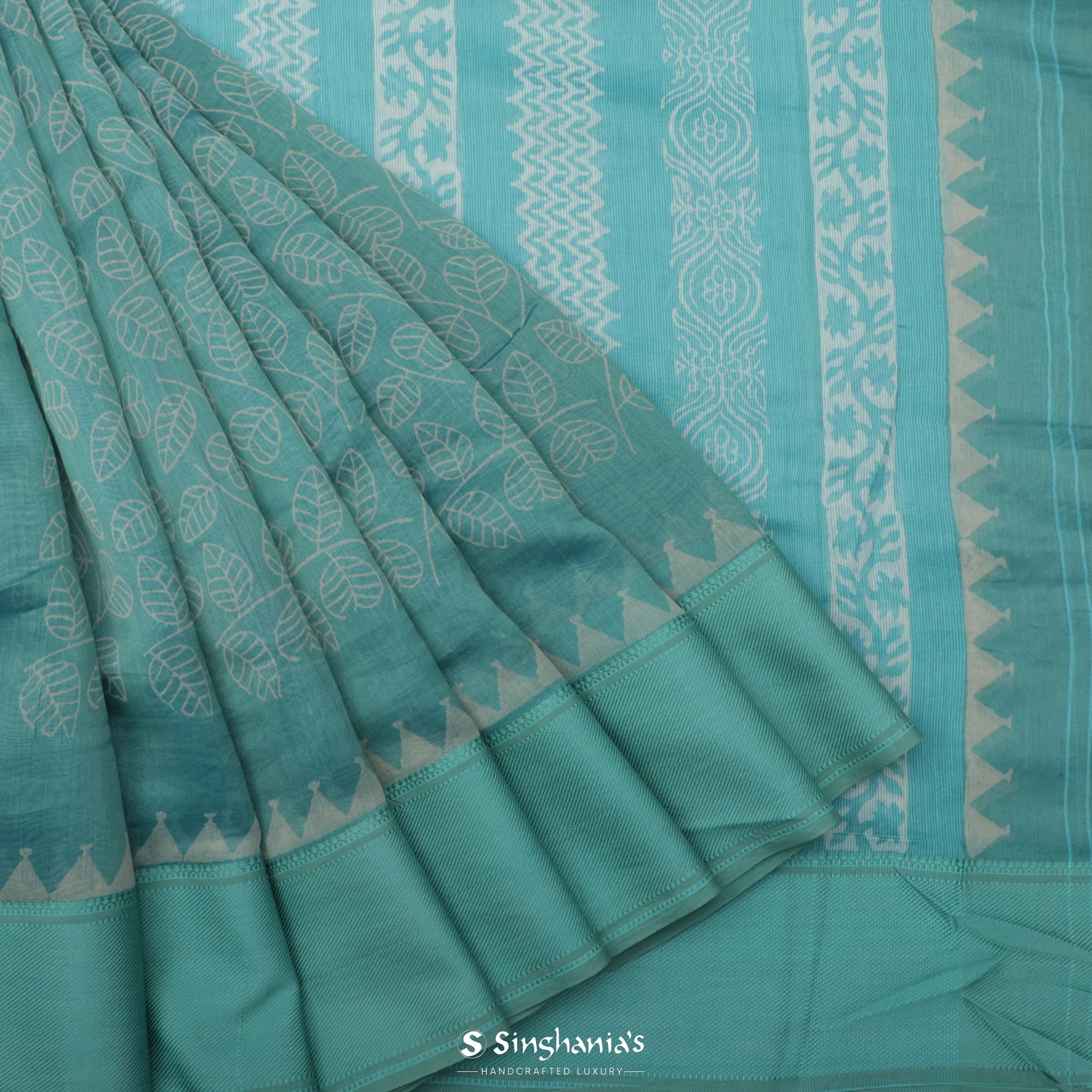 Turkish Blue Printed Chanderi Silk Saree With Floral Jaal Pattern