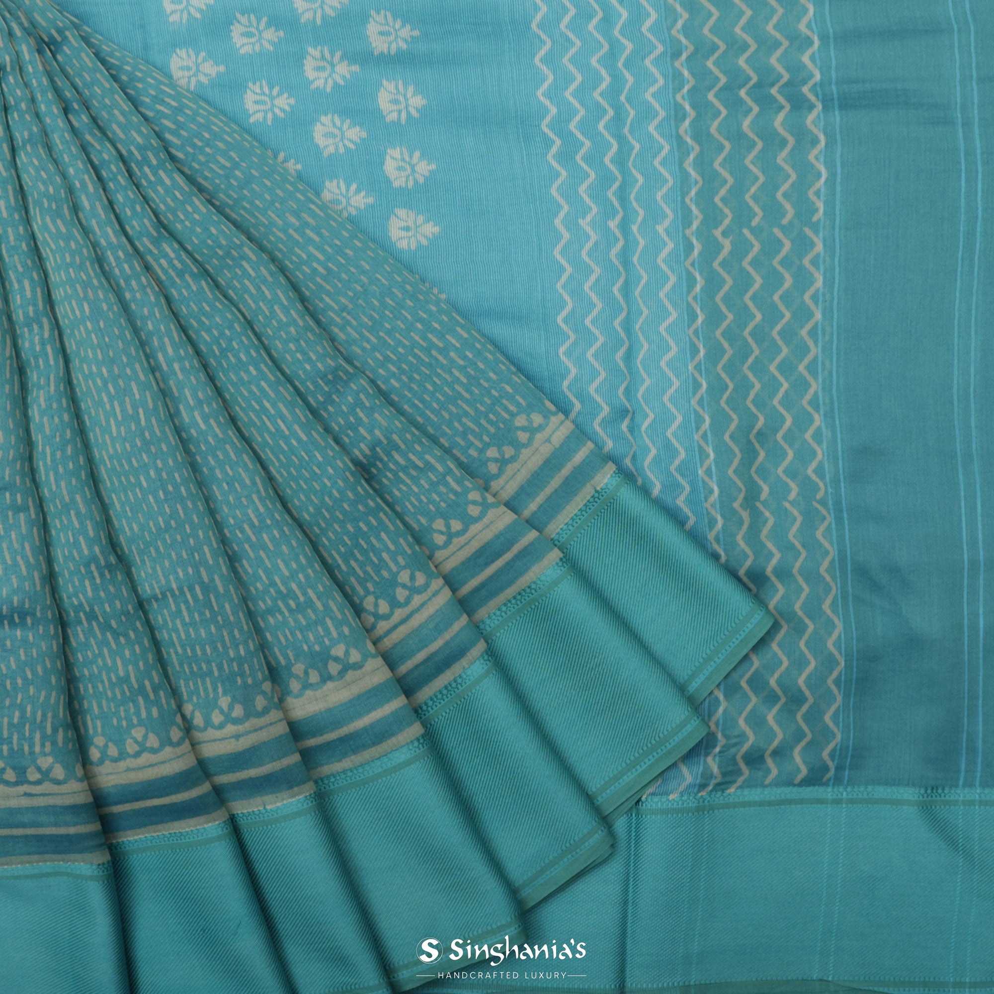 Turkish Blue Printed Chanderi Silk Saree With Tiny Motif Design