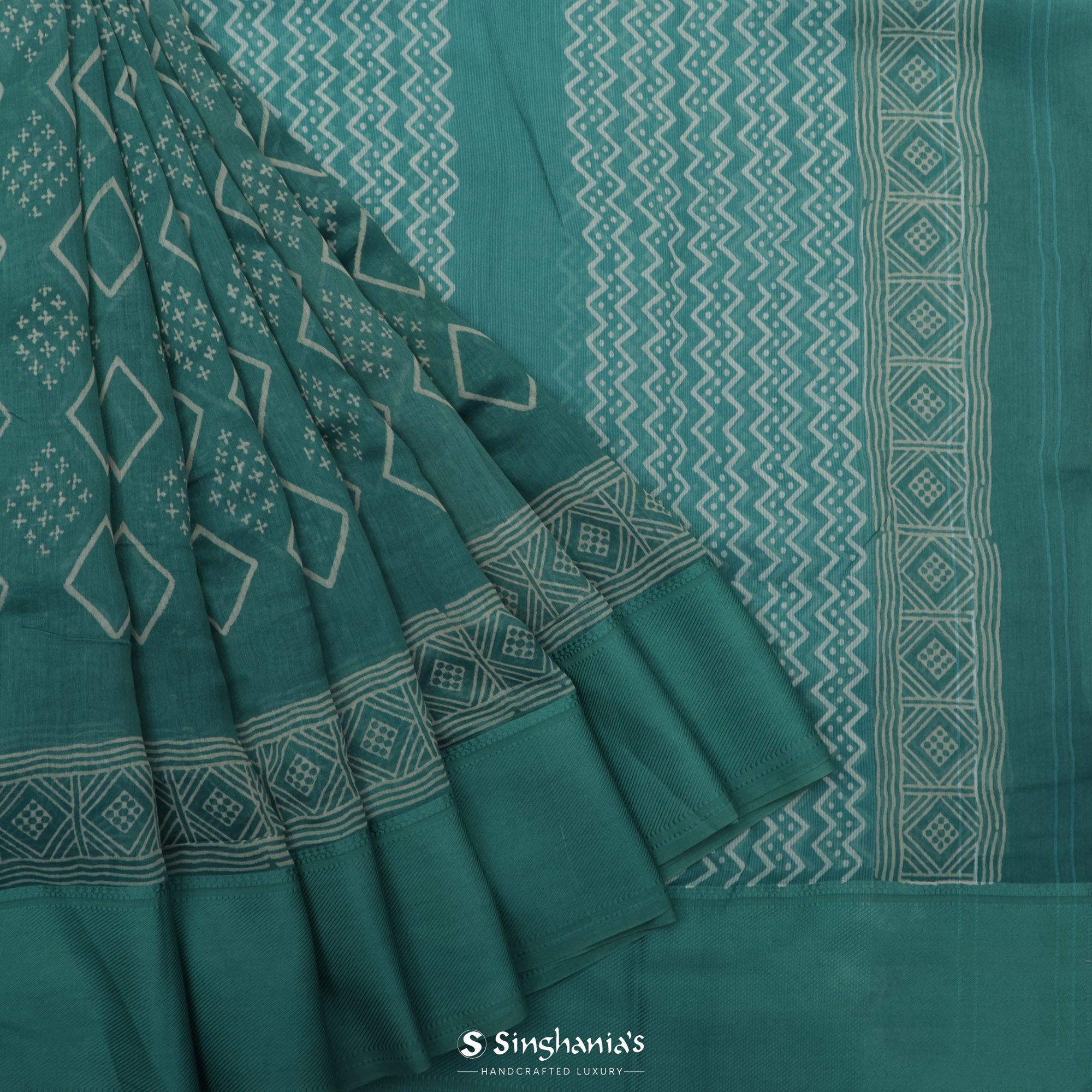 Peacock Blue Printed Chanderi Silk Saree With Geometrical Design