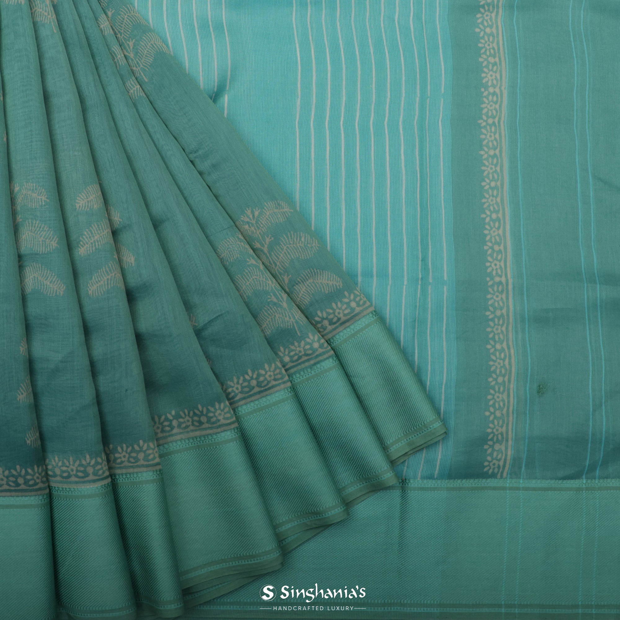 Tiffany Blue Printed Chanderi Silk Saree With Floral Motif Design