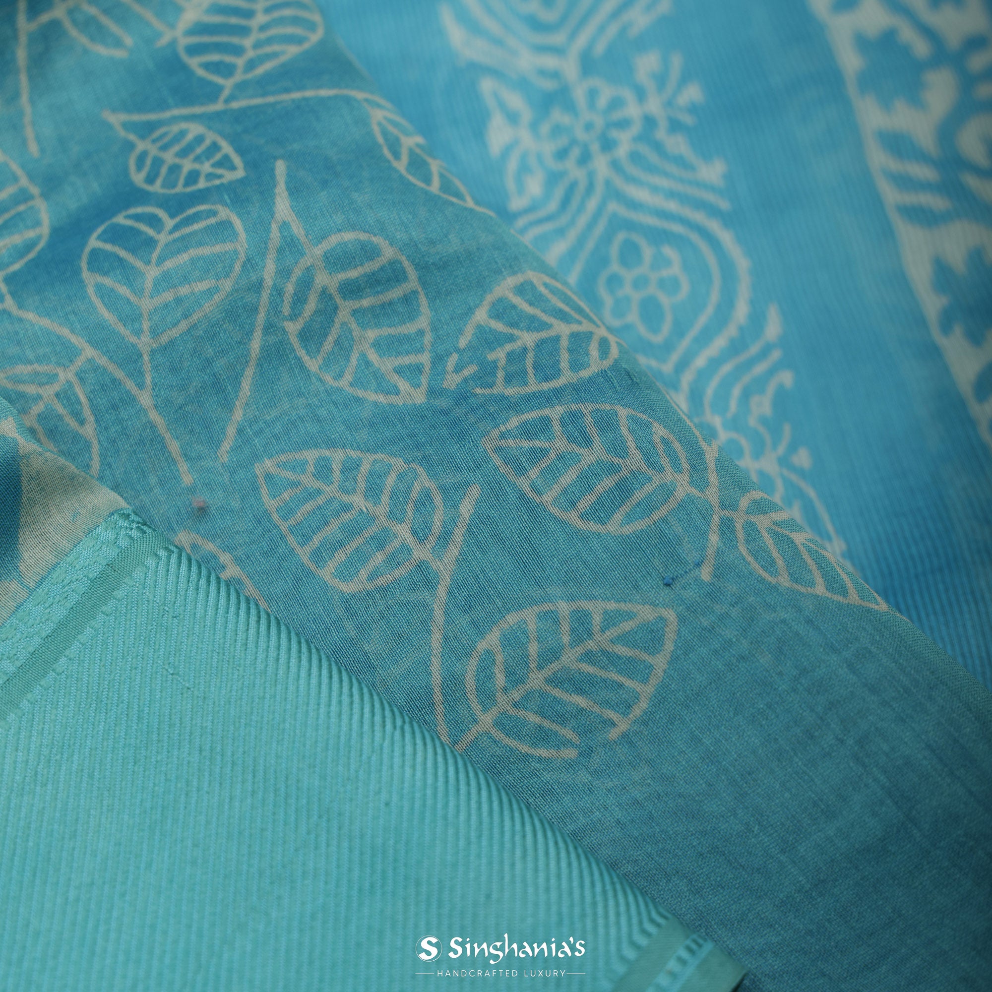 Pacific Blue Printed Chanderi Silk Saree With Floral Jaal Design