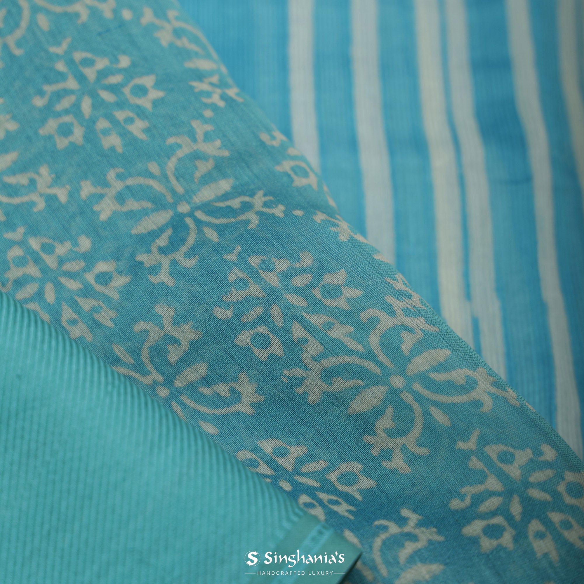 Bright Blue Printed Chanderi Silk Saree With Floral Jaal Design