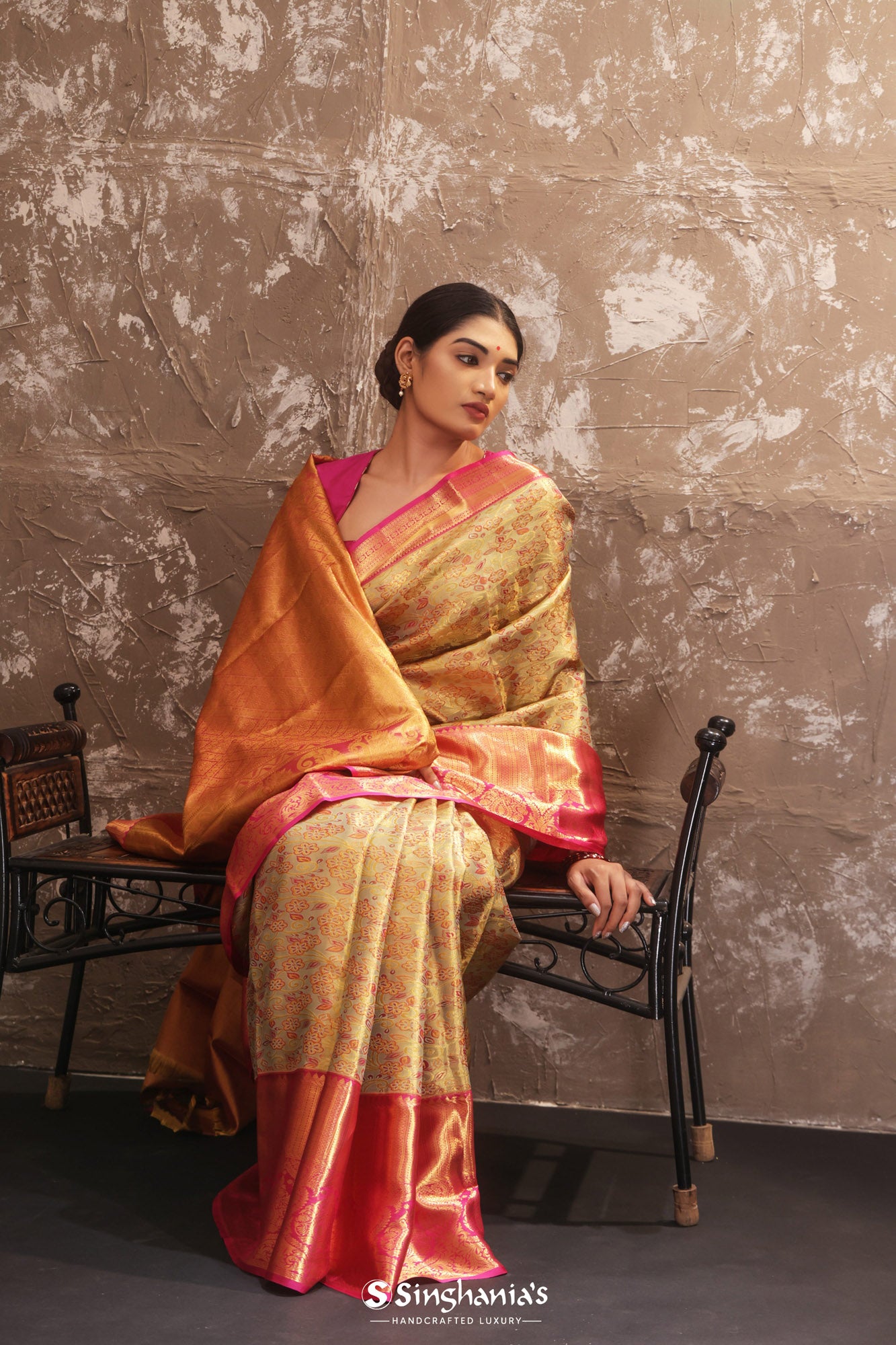 Pastel Grey Green Tissue Kanjivaram Silk Saree With Floral Design