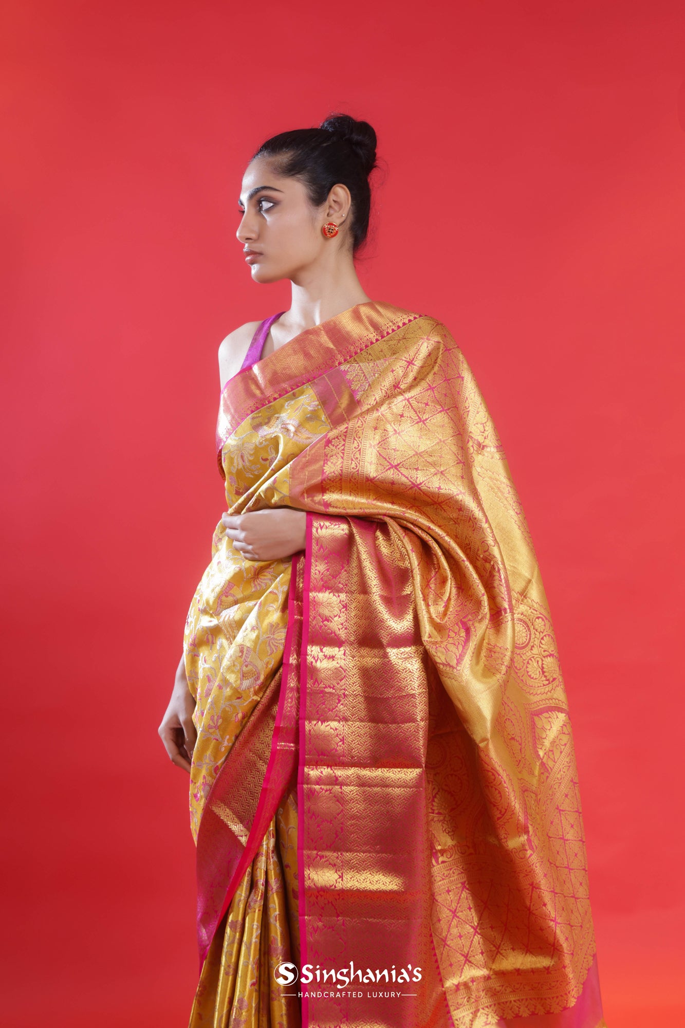 Golden Yellow Meenakari Kanjivaram Silk Saree