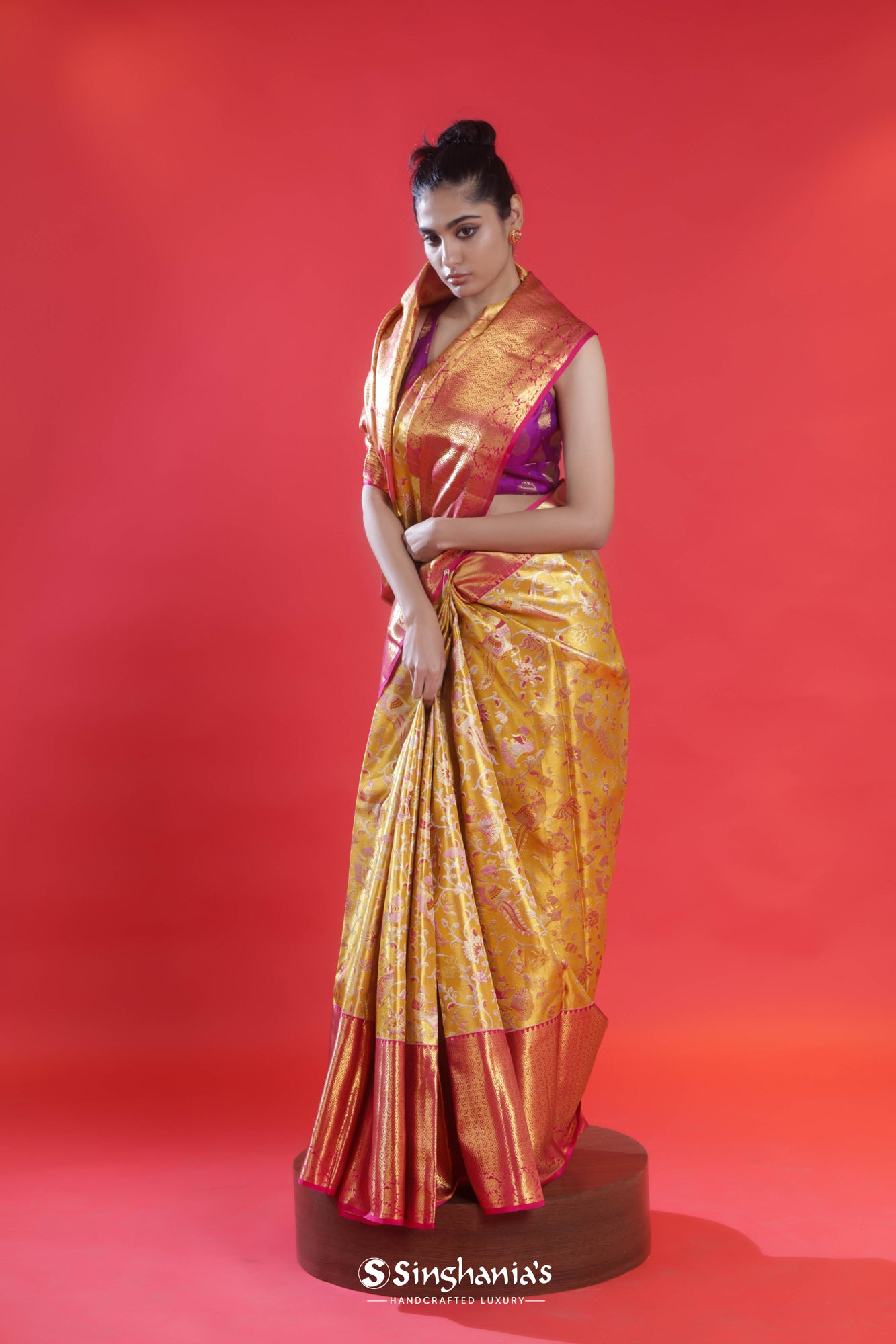 Golden Yellow Meenakari Kanjivaram Silk Saree