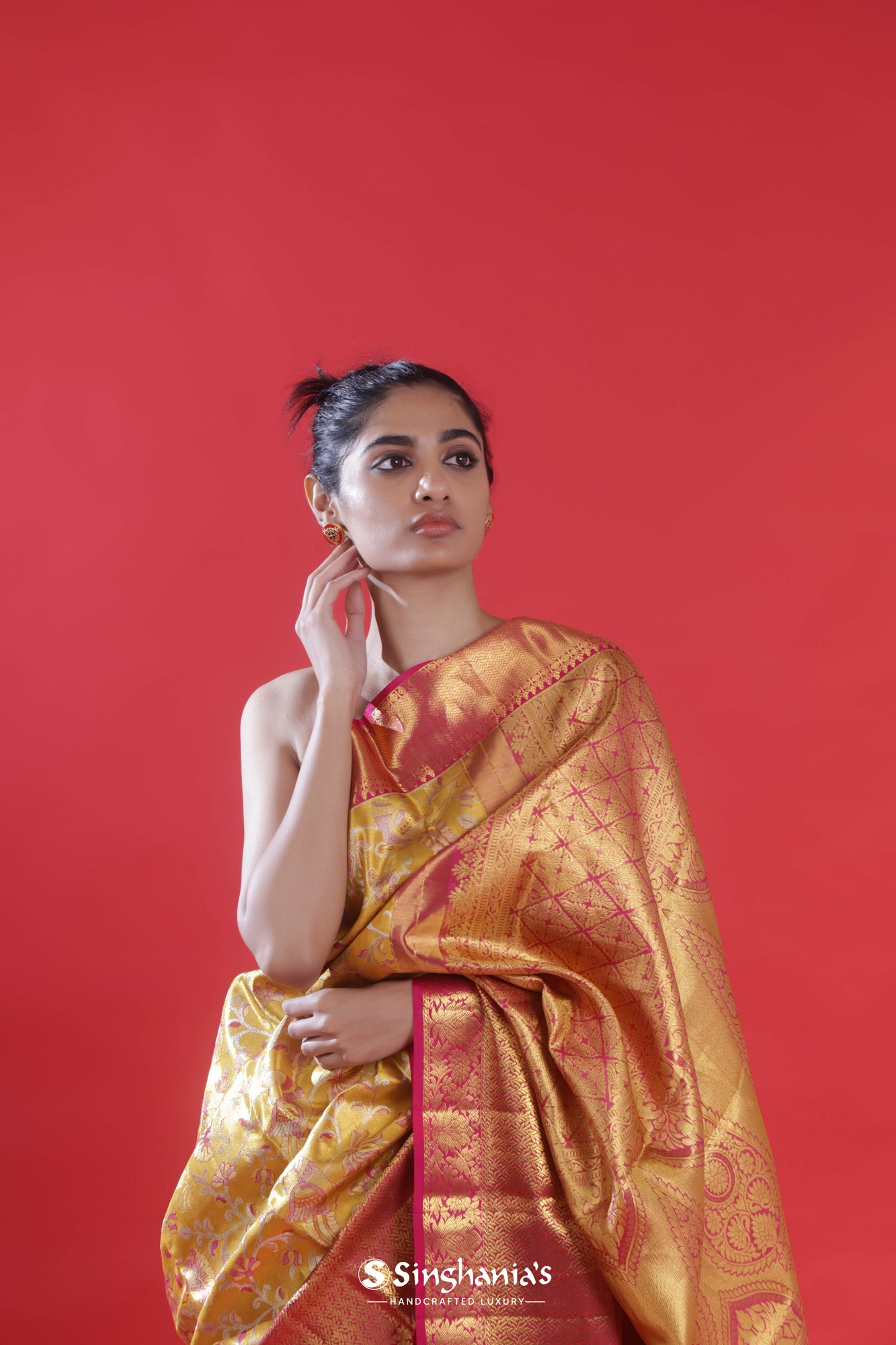 Golden Yellow Meenakari Kanjivaram Silk Saree