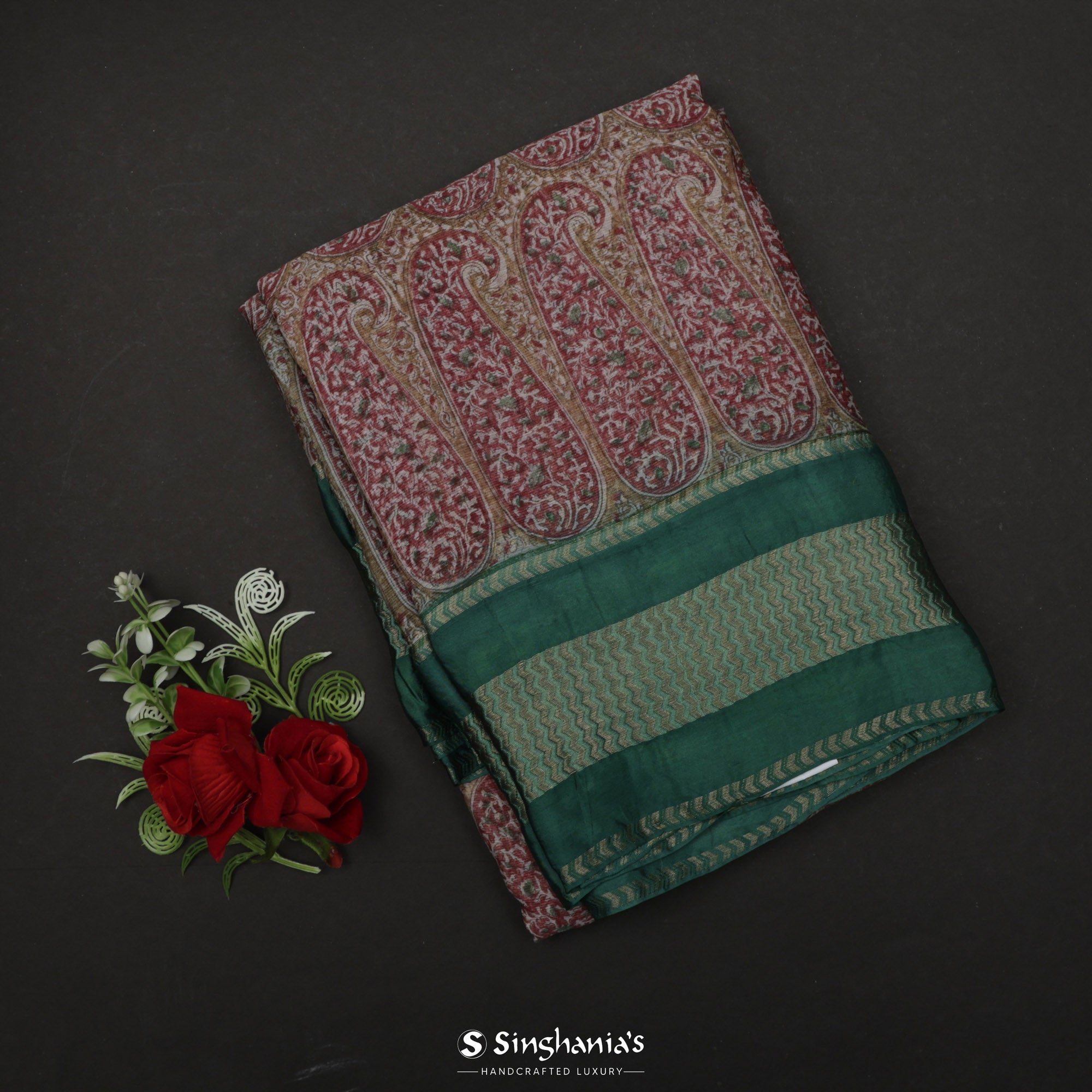 Raspberry Red Printed Maheshwari Silk Saree With Floral Paisley Design
