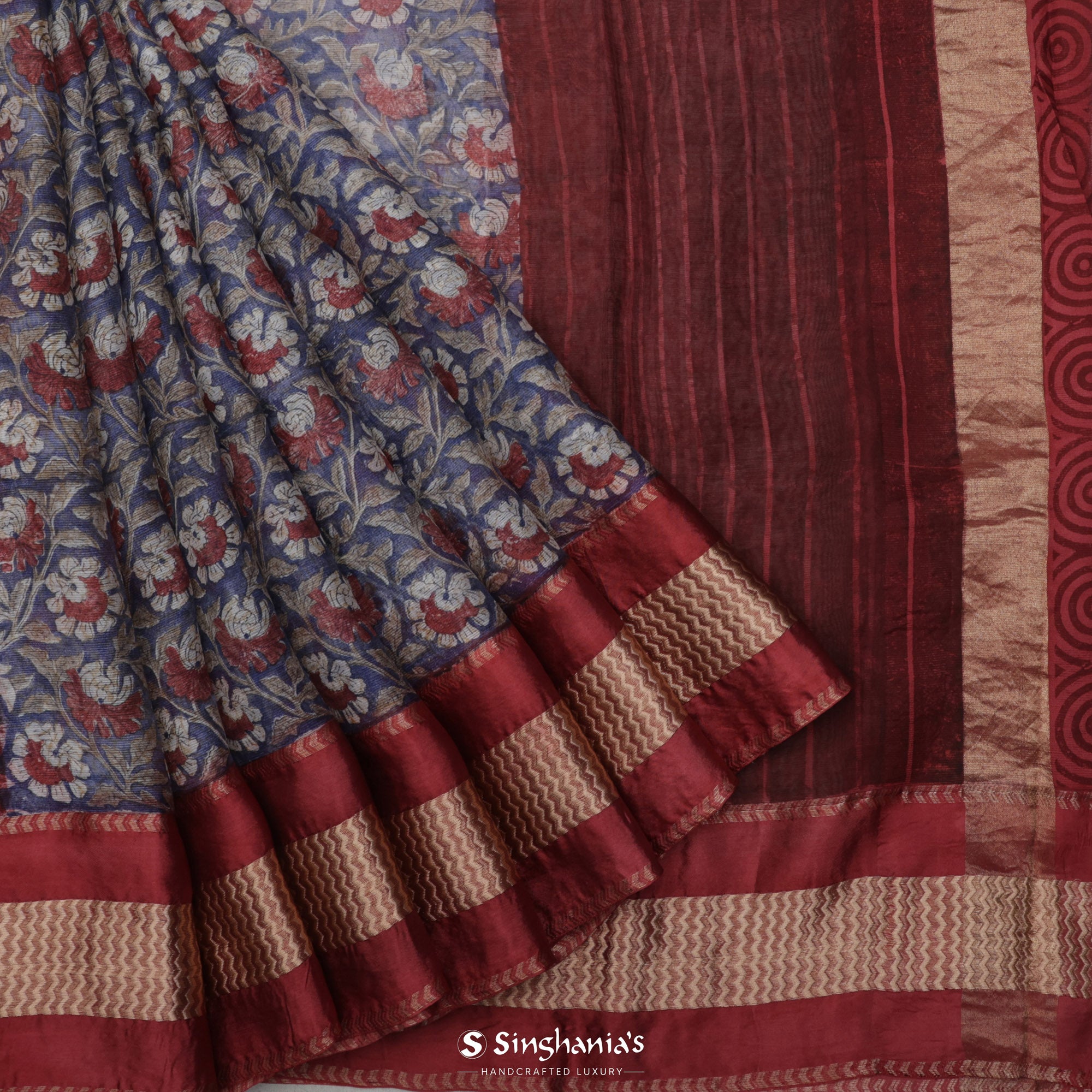 Soft Blue Printed Maheshwari Saree With Floral Jaal Design