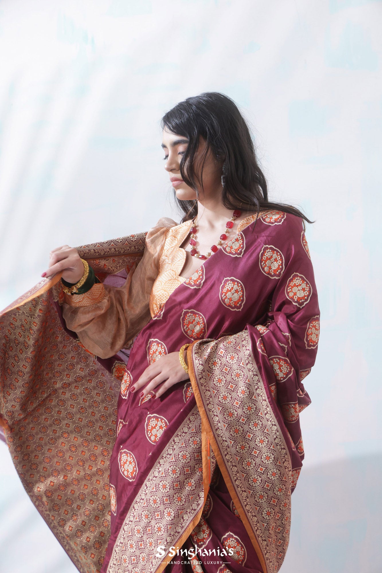 Vermillion Red Banarasi Silk Saree With Floral Buttas