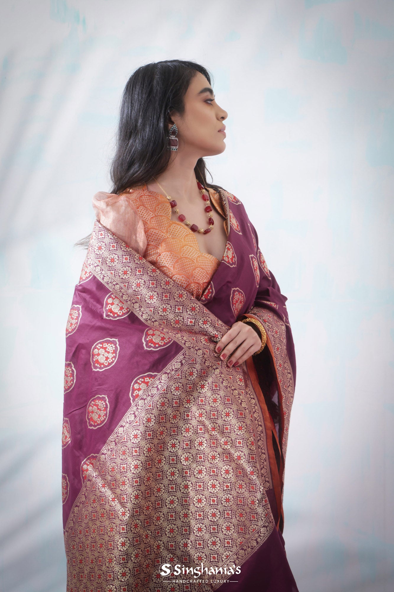 Vermillion Red Banarasi Silk Saree With Floral Buttas