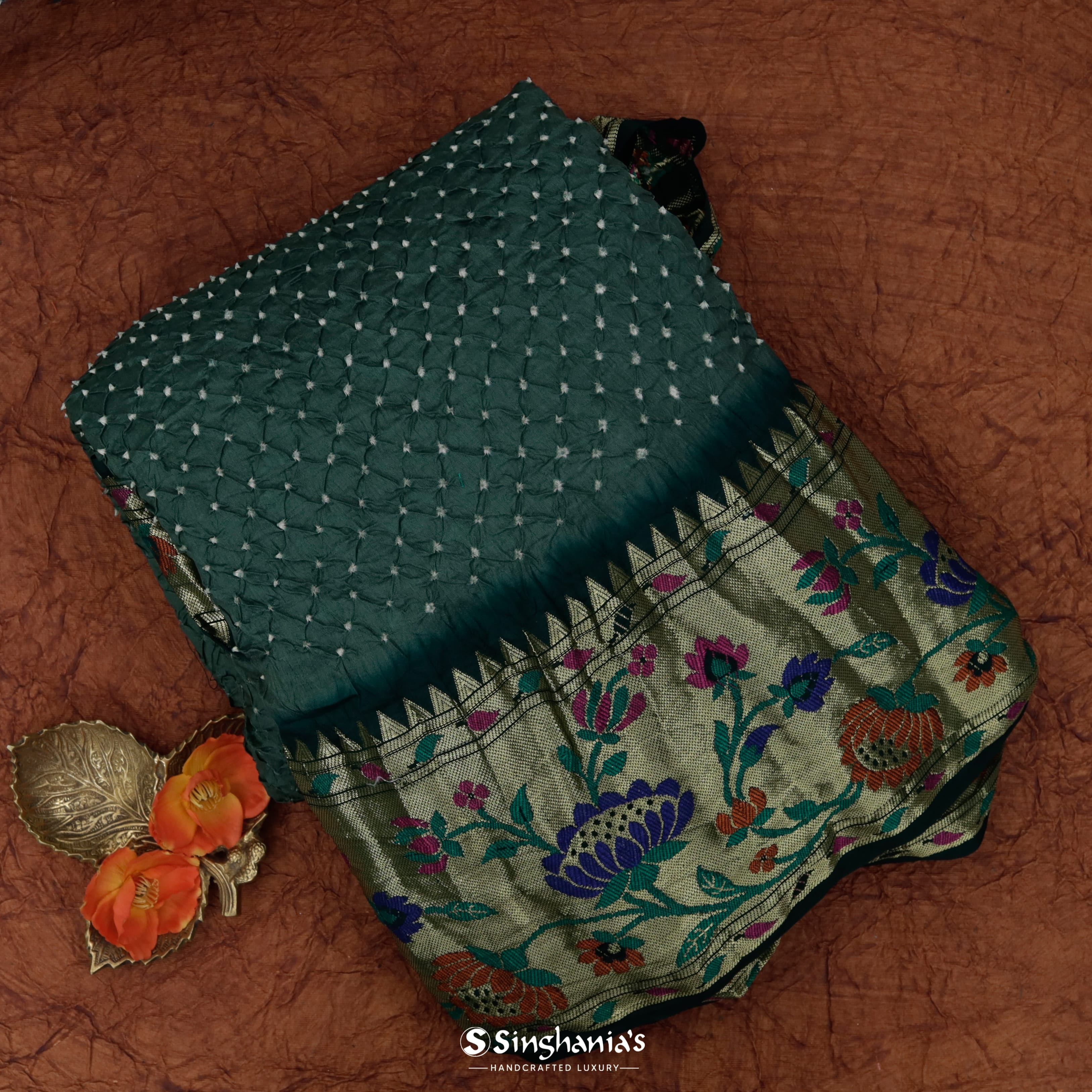 Deep Jungle Green Silk Bandhani Saree