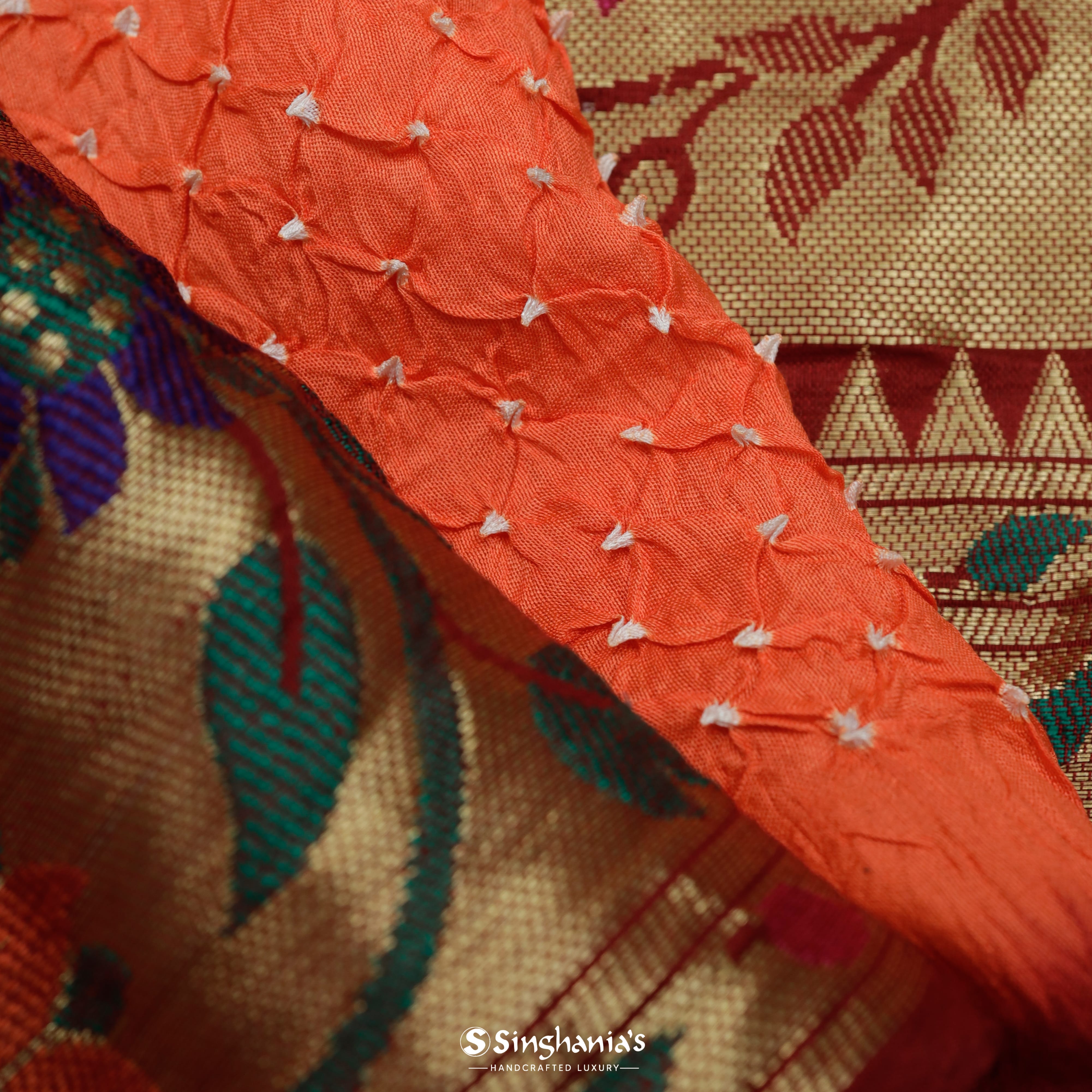 Coral Orange Silk Bandhani Saree