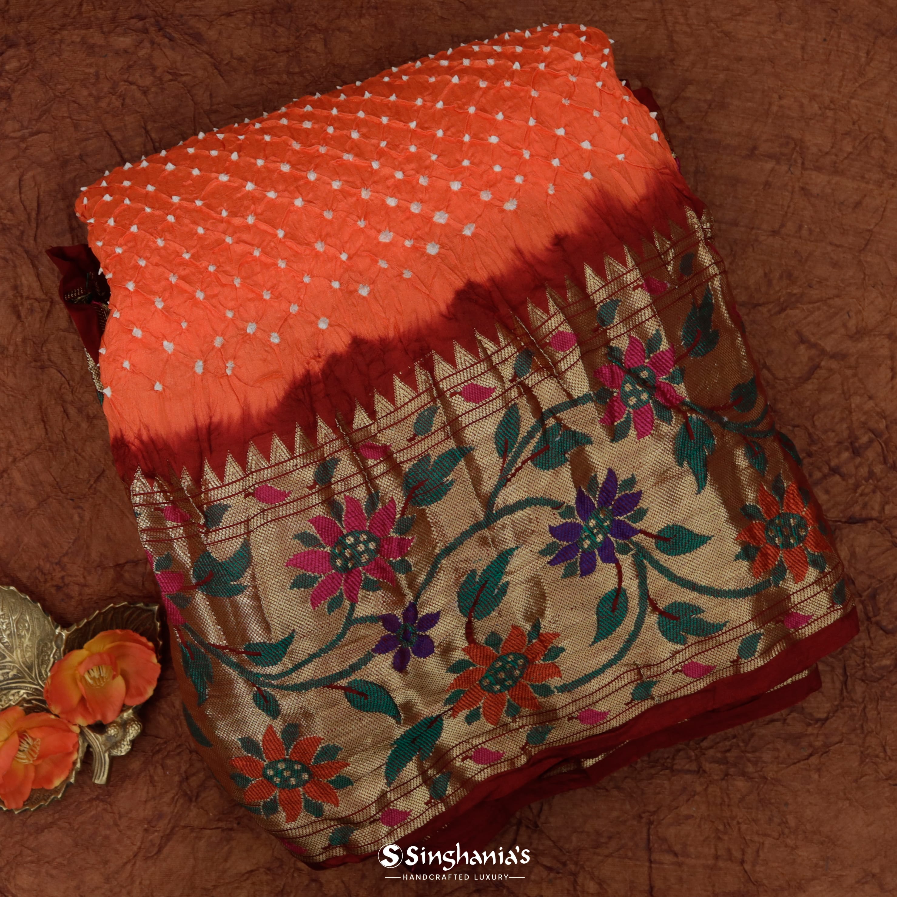 Coral Orange Silk Bandhani Saree