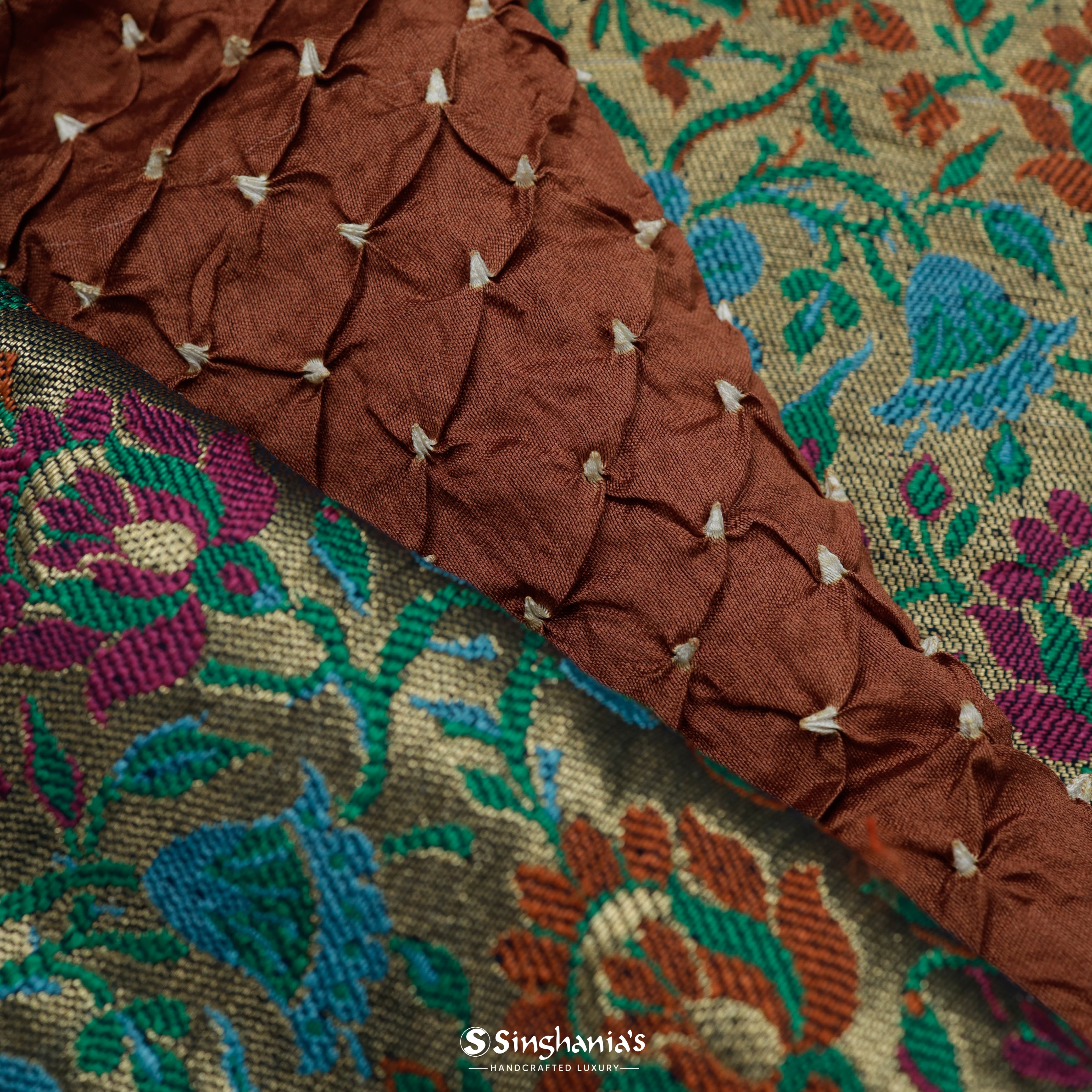 Earthy Brown Silk Bandhani Saree