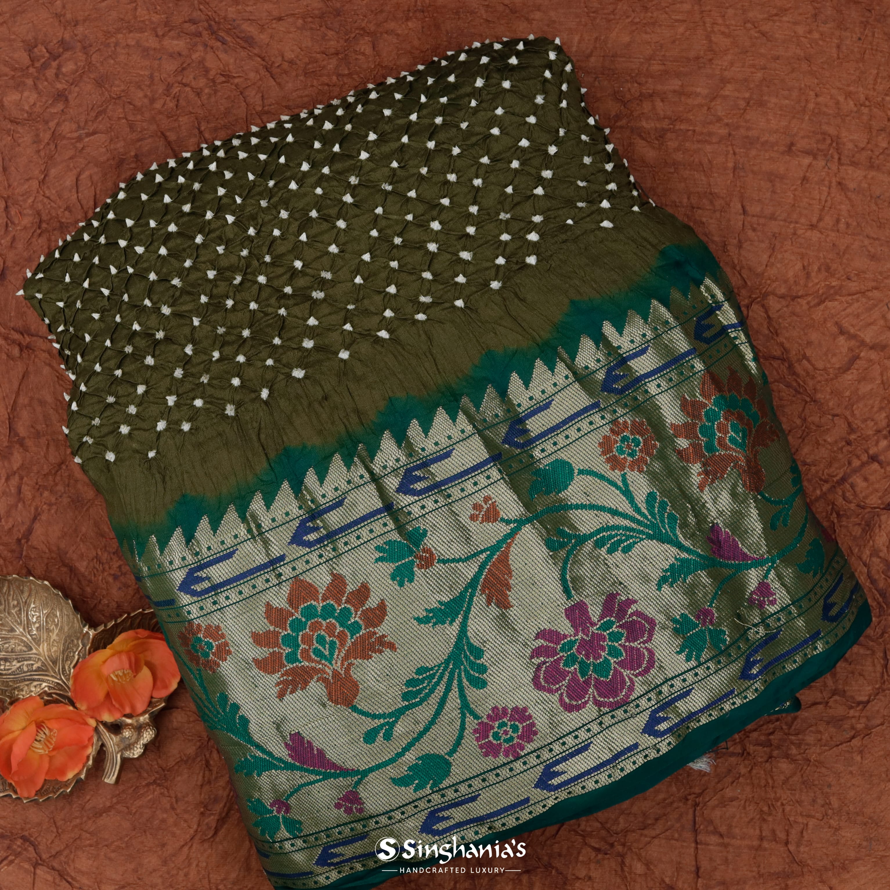 Mehandi Green Silk Bandhani Saree