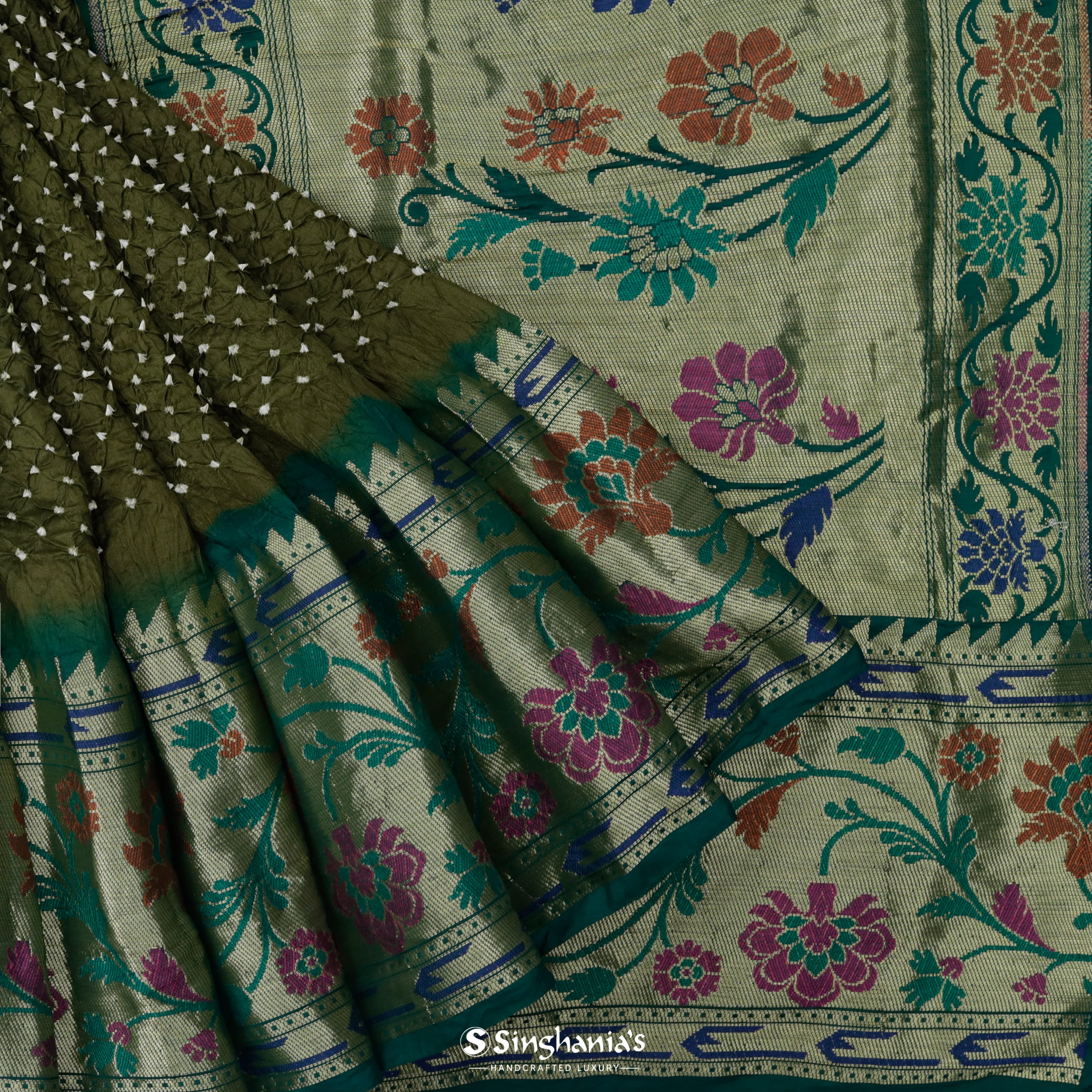 Mehandi Green Silk Bandhani Saree