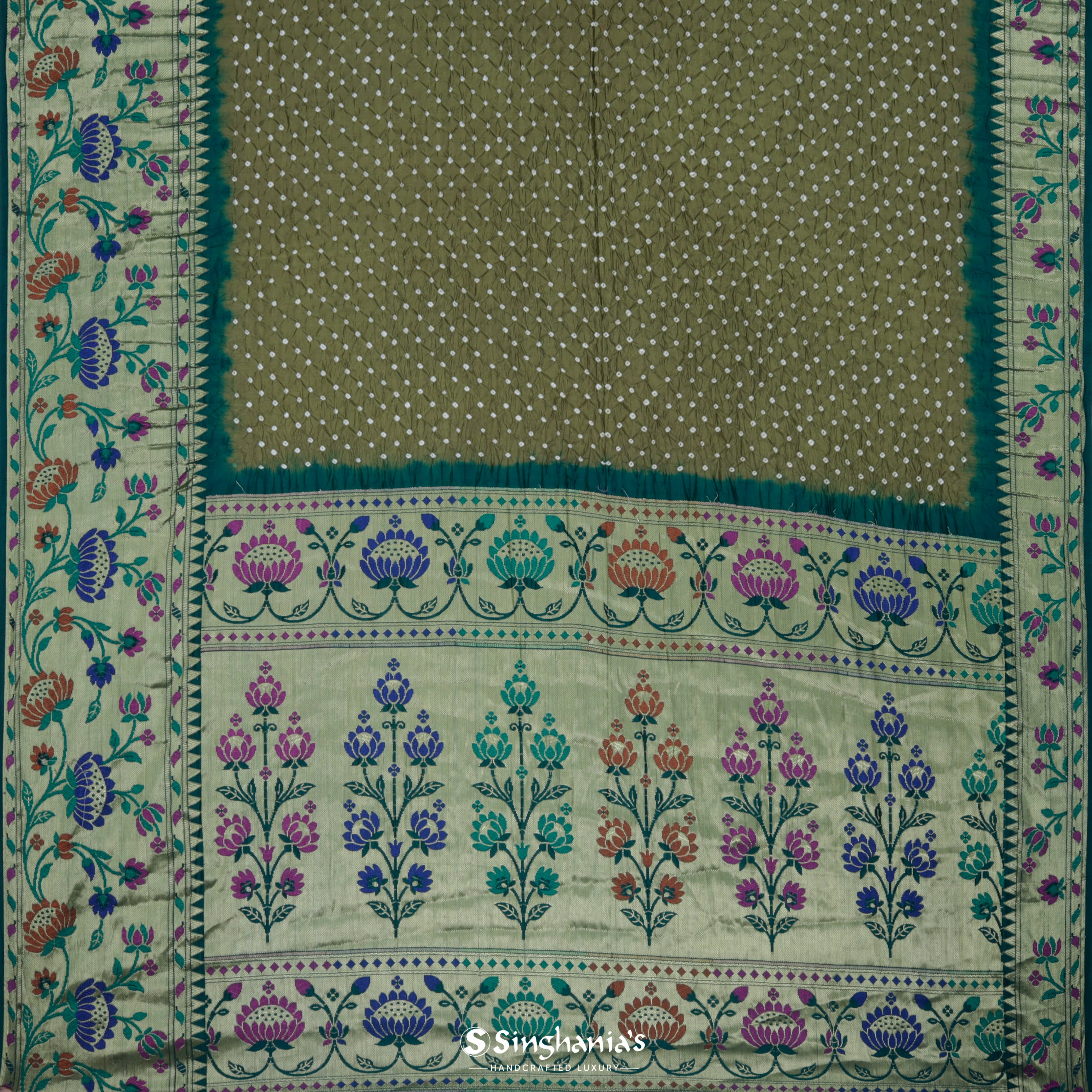 Basil Green Silk Bandhani Saree