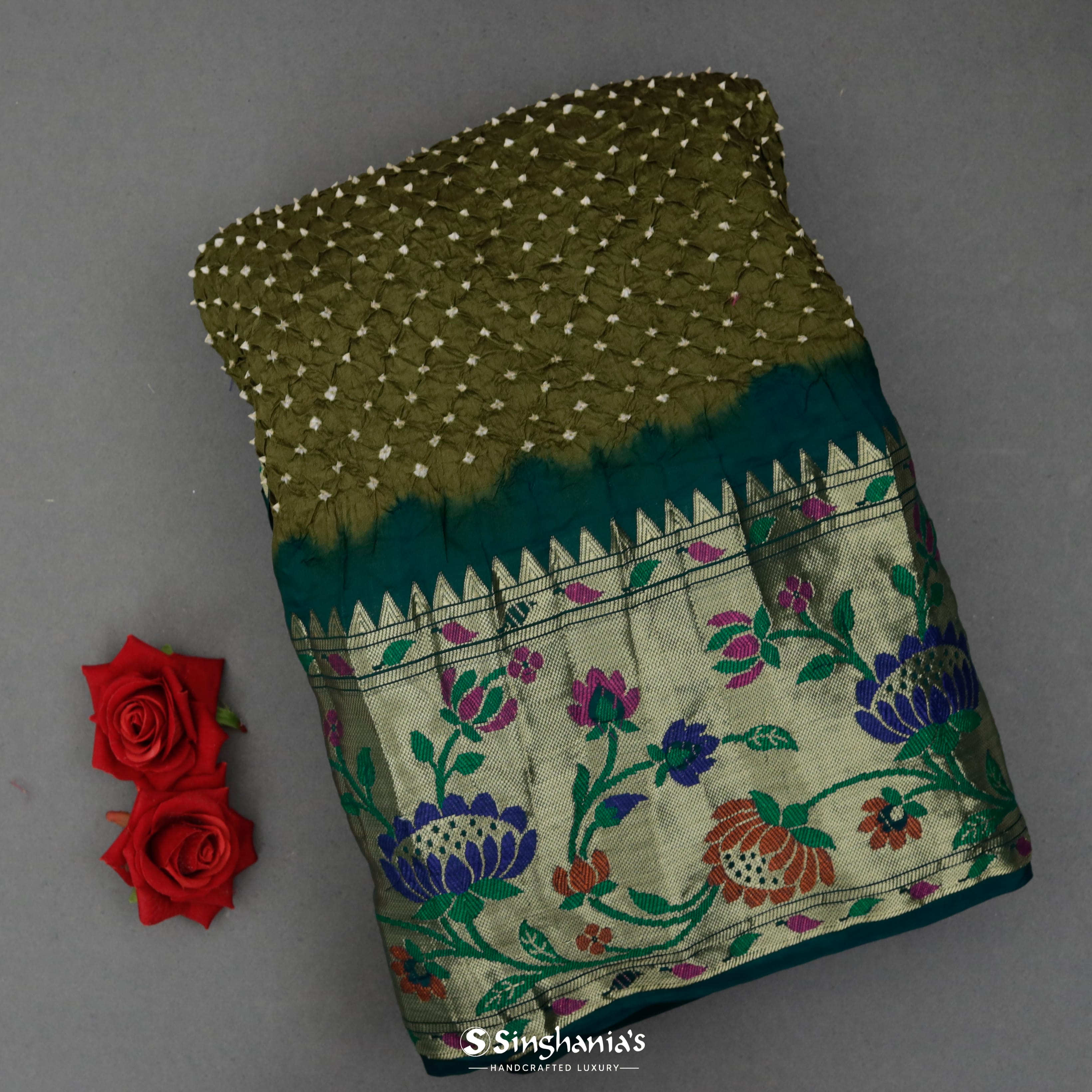 Basil Green Silk Bandhani Saree