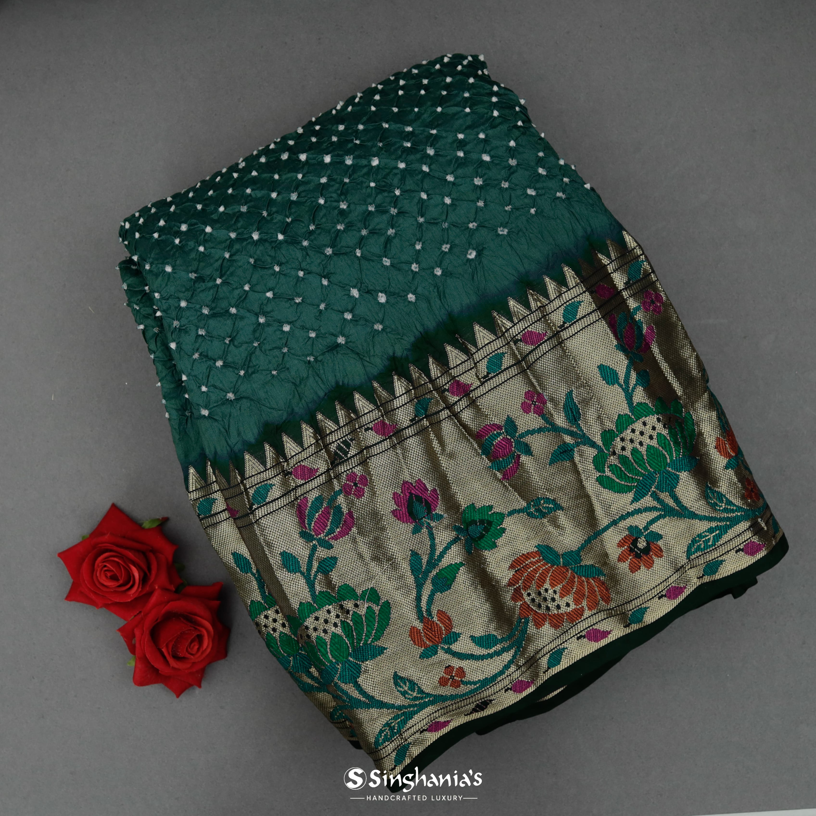 Forest Green Silk Bandhani Saree