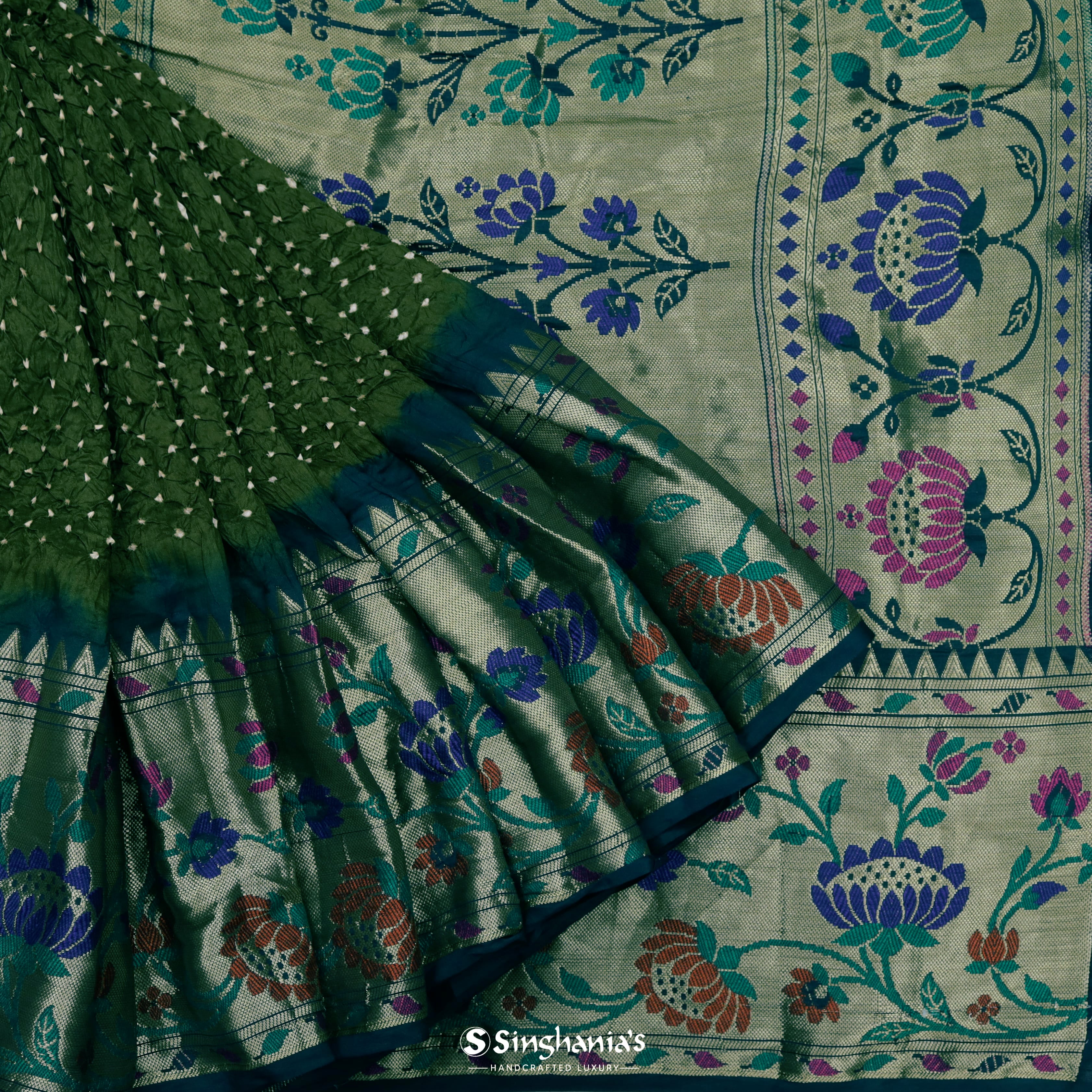 Forest Green Silk Bandhani Saree