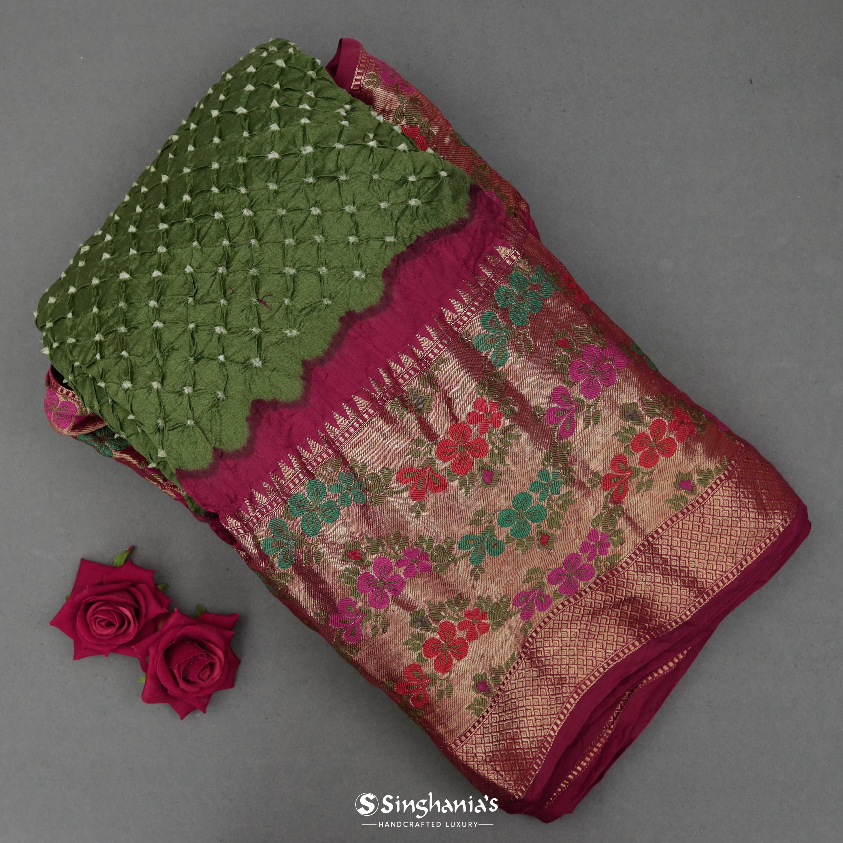 Avocado Green Silk Bandhani Saree