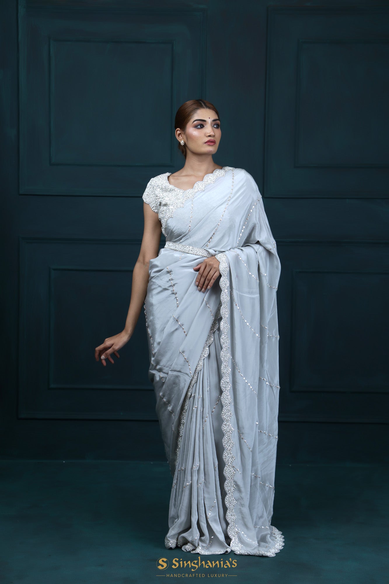 Pastel Blue Modal Satin Designer Saree