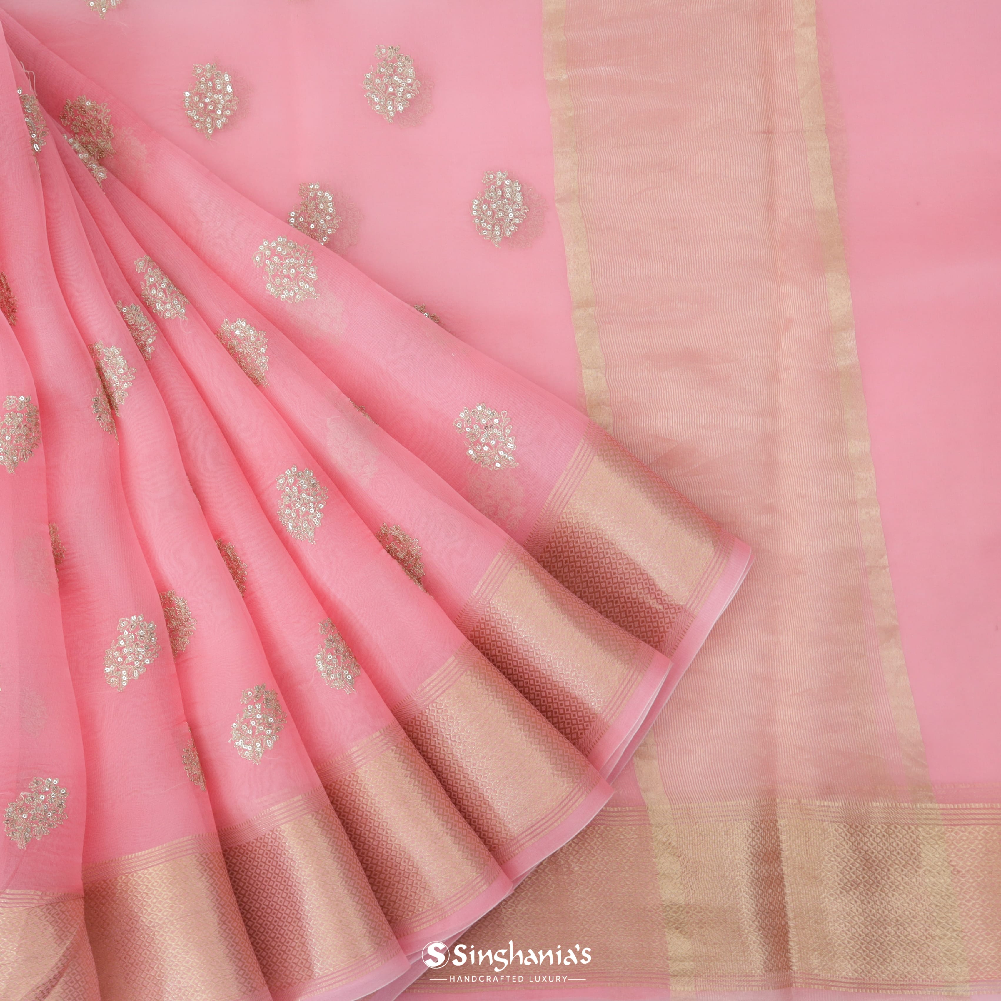 Baby Pink Organza Embroidery Saree With Floral Buttas