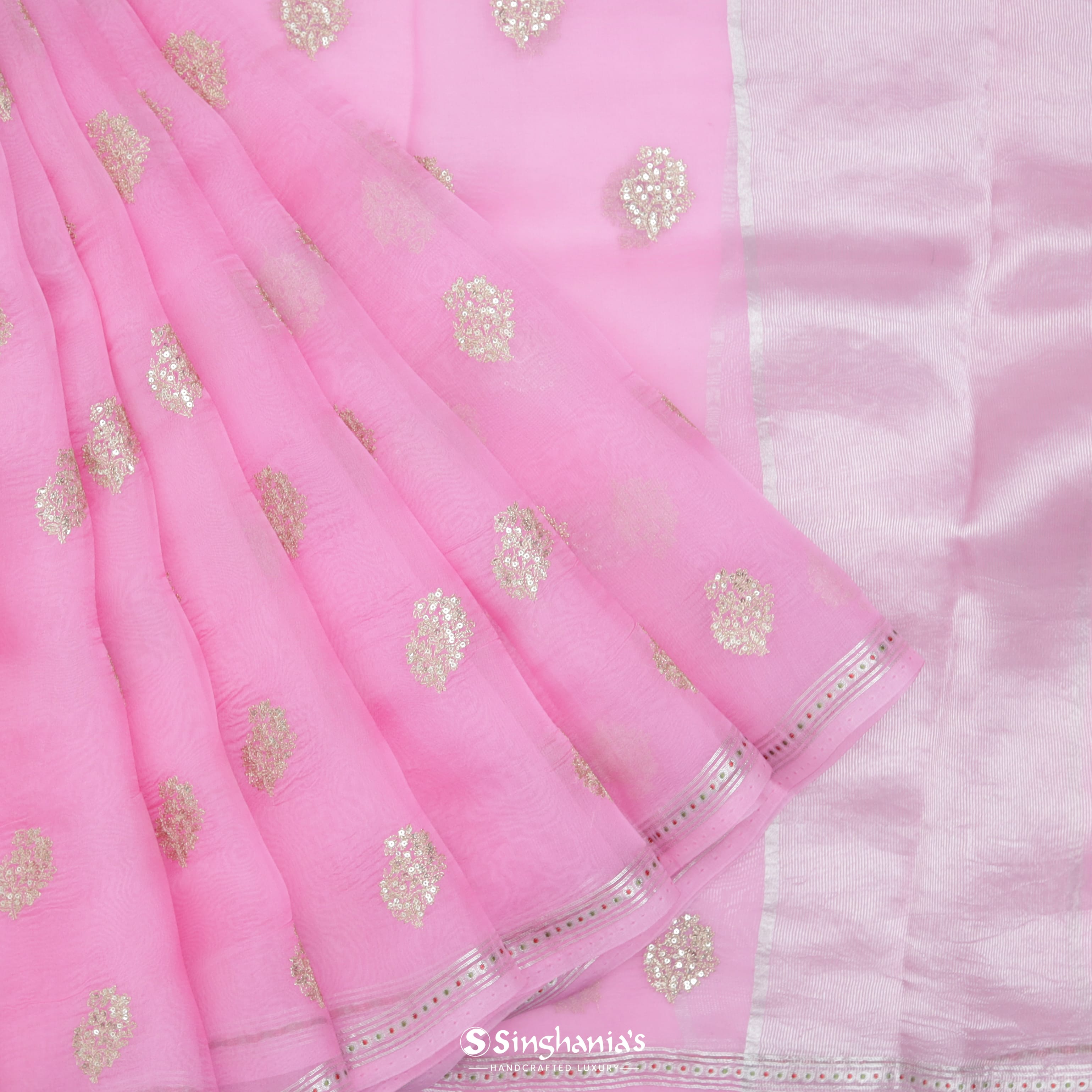 Peach Pink Organza Embroidery Saree With Floral