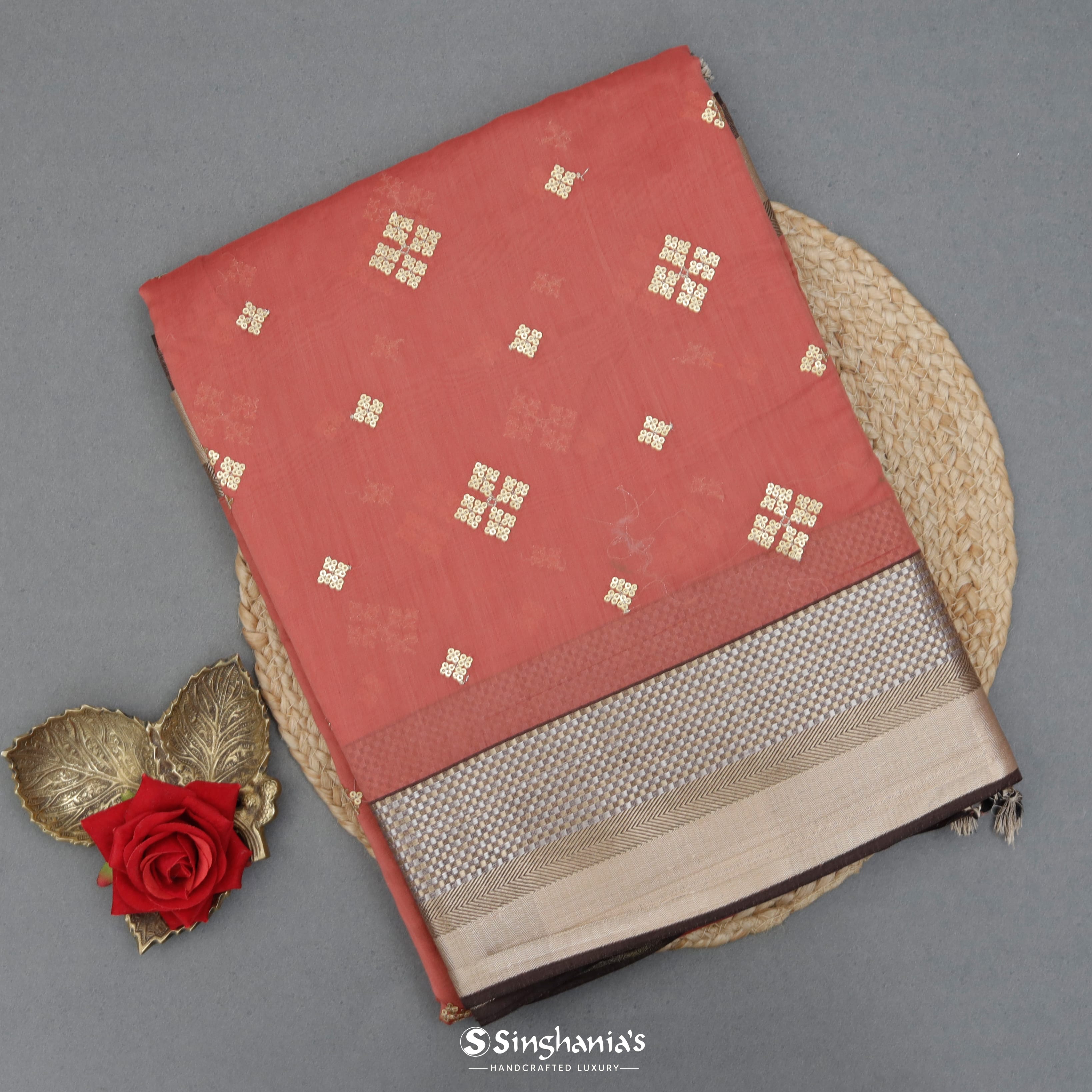 Coral Pink Chanderi Embroidery Silk Saree With Floral Embroidery Motifs