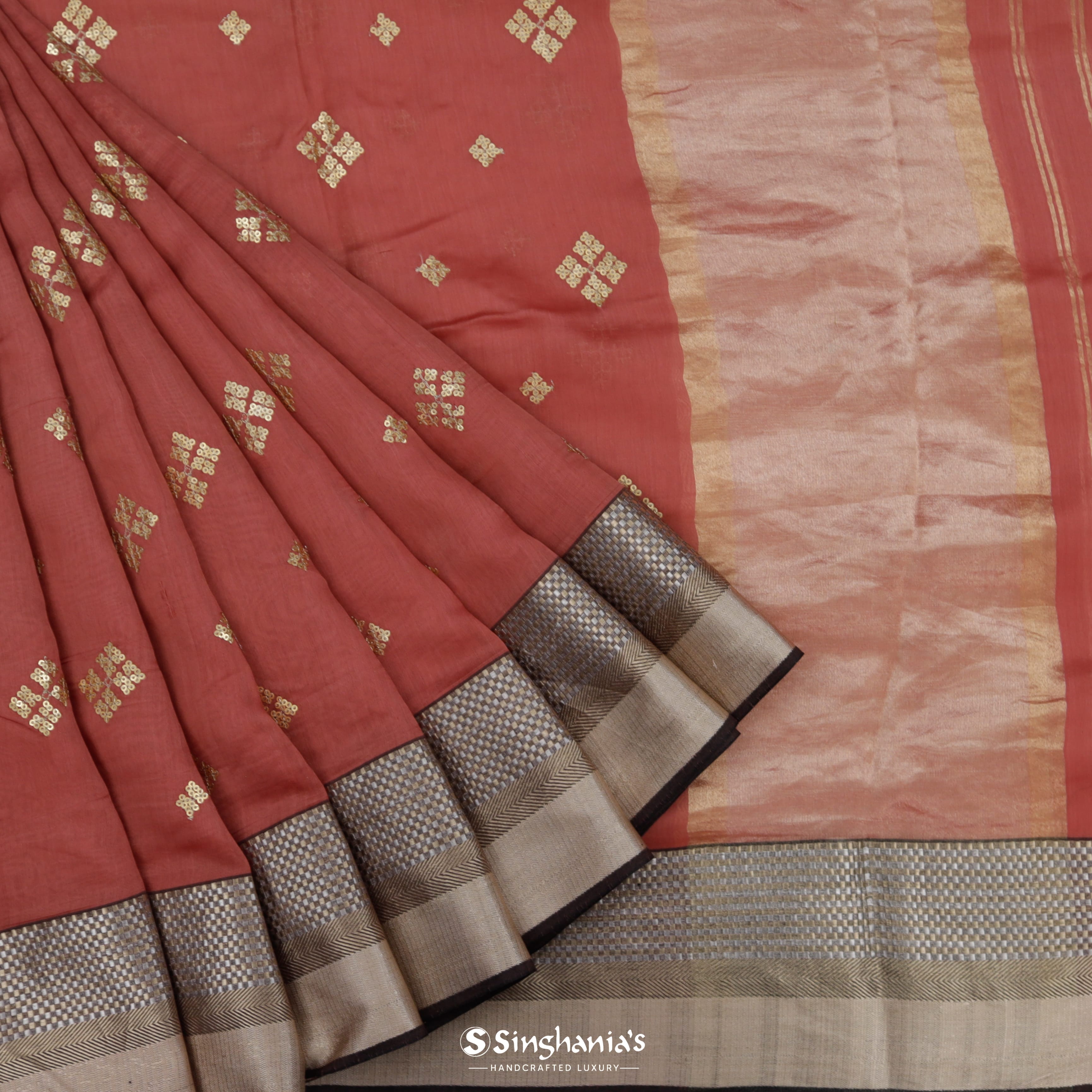 Coral Pink Chanderi Embroidery Silk Saree With Floral Embroidery Motifs