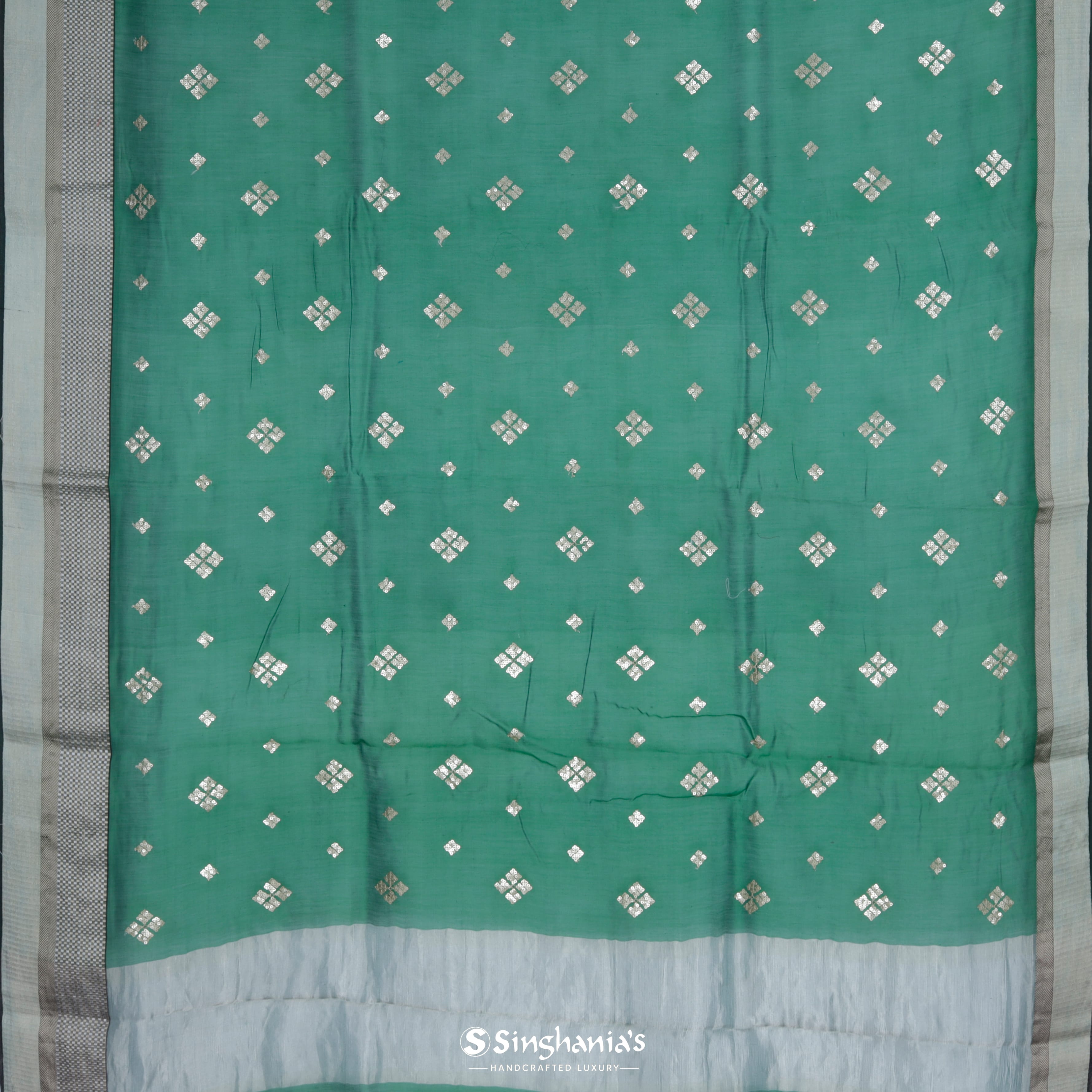 Hunter Green Chanderi Embroidery Silk Saree With Geometrical Pattern